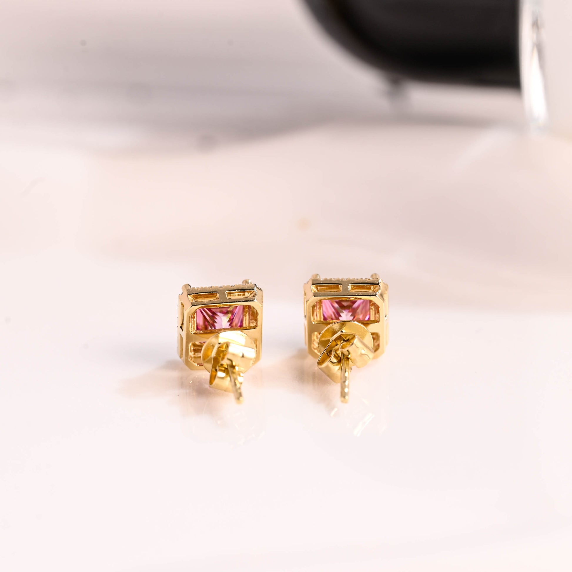 Solid Gold Halo Princess Cut Pink Moissanite Earrings Studs Push Backs