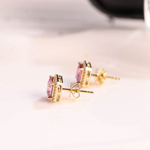 Solid Gold Halo Princess Cut Pink Moissanite Earrings Studs Push Backs