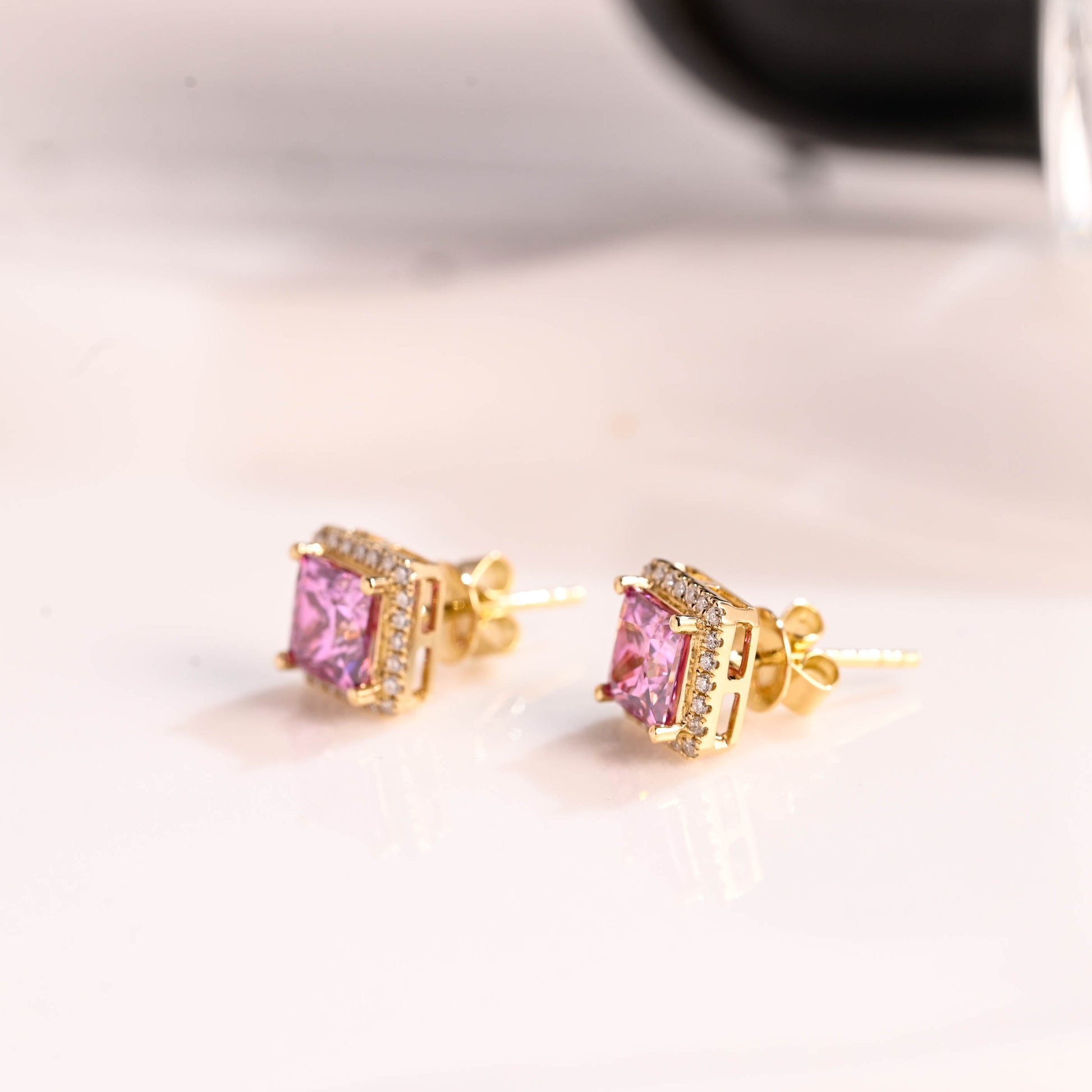 Solid Gold Halo Princess Cut Pink Moissanite Earrings Studs Push Backs