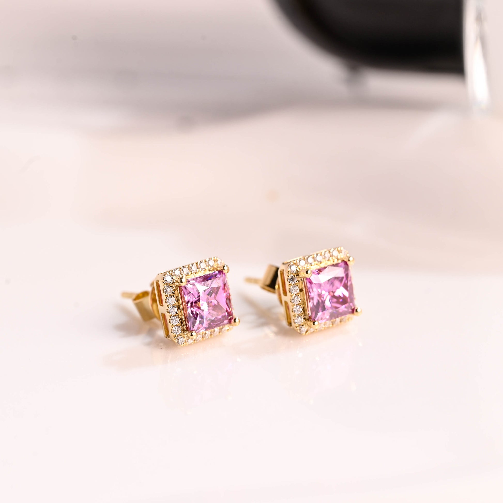 Solid Gold Halo Princess Cut Pink Moissanite Earrings Studs Push Backs