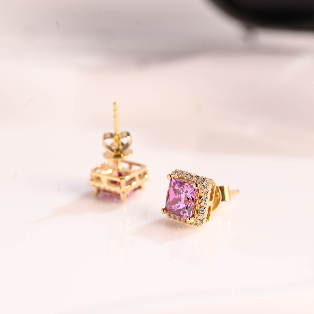 Solid Gold Halo Princess Cut Pink Moissanite Earrings Studs Push Backs