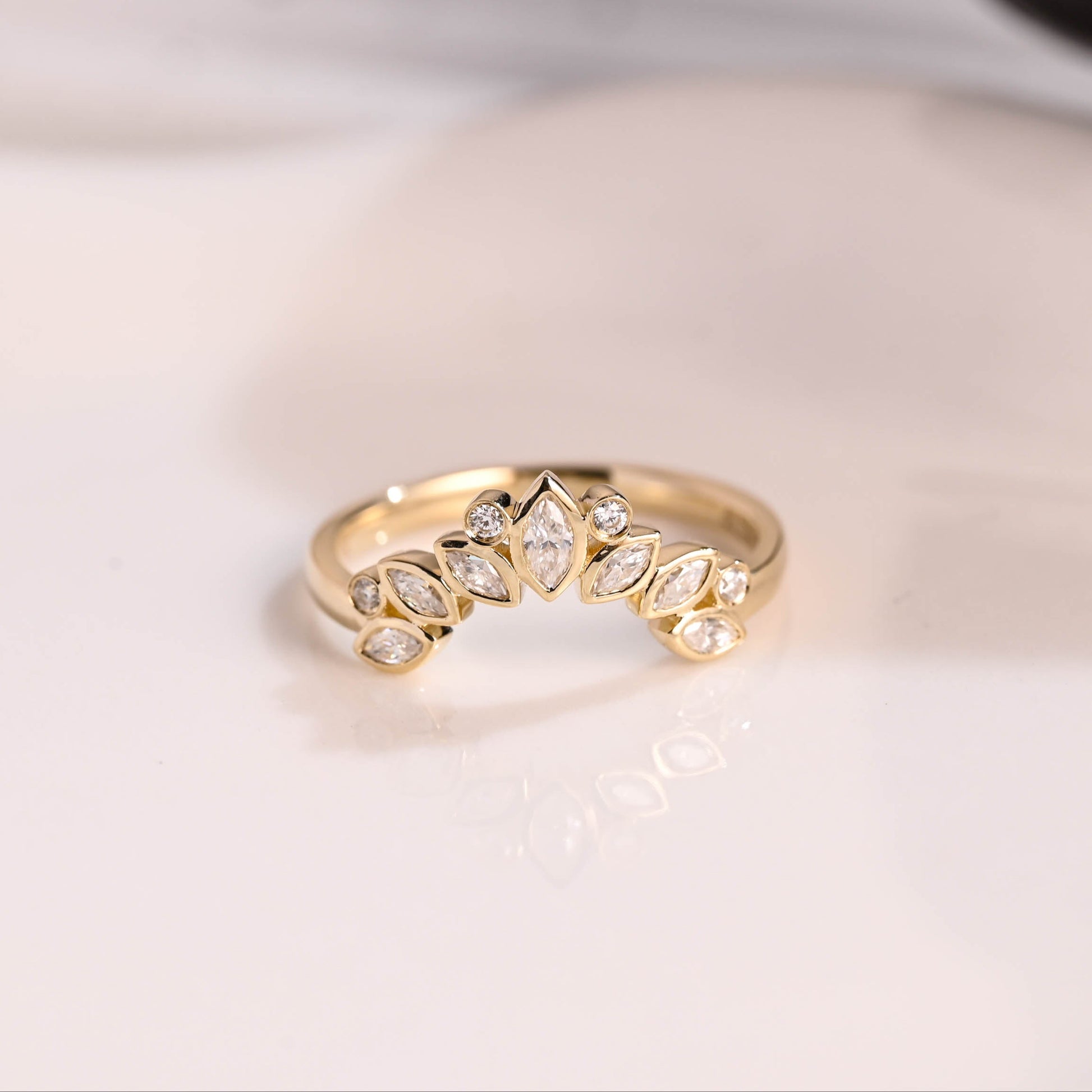 Solid Gold Curved Marquise & Round Cut Moissanite Wedding Band
