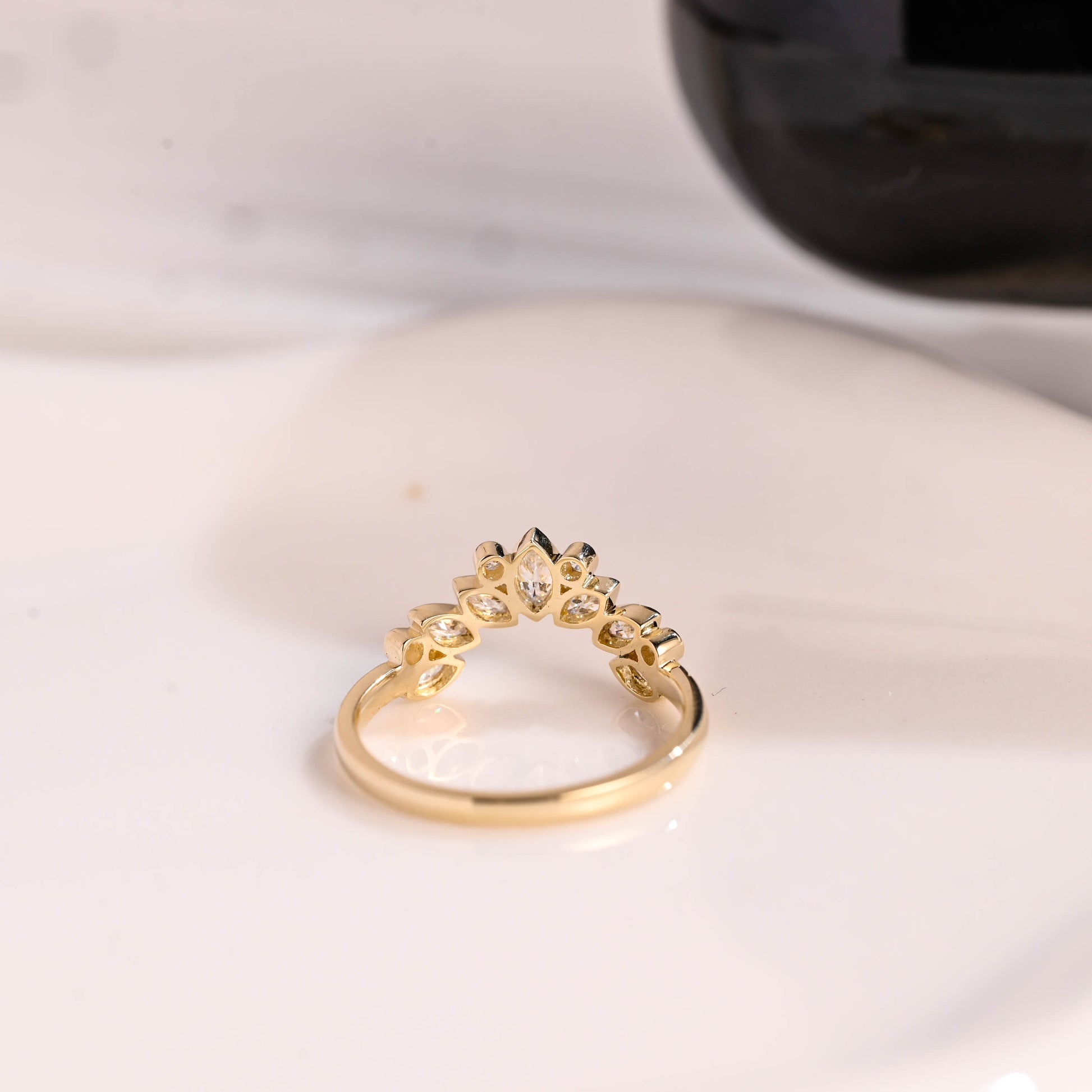Solid Gold Curved Marquise & Round Cut Moissanite Wedding Band