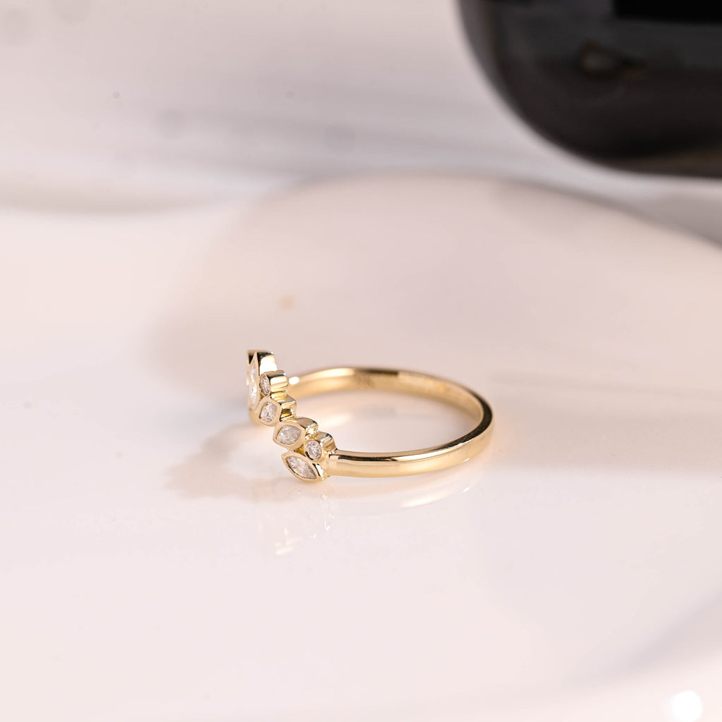 Solid Gold Curved Marquise & Round Cut Moissanite Wedding Band