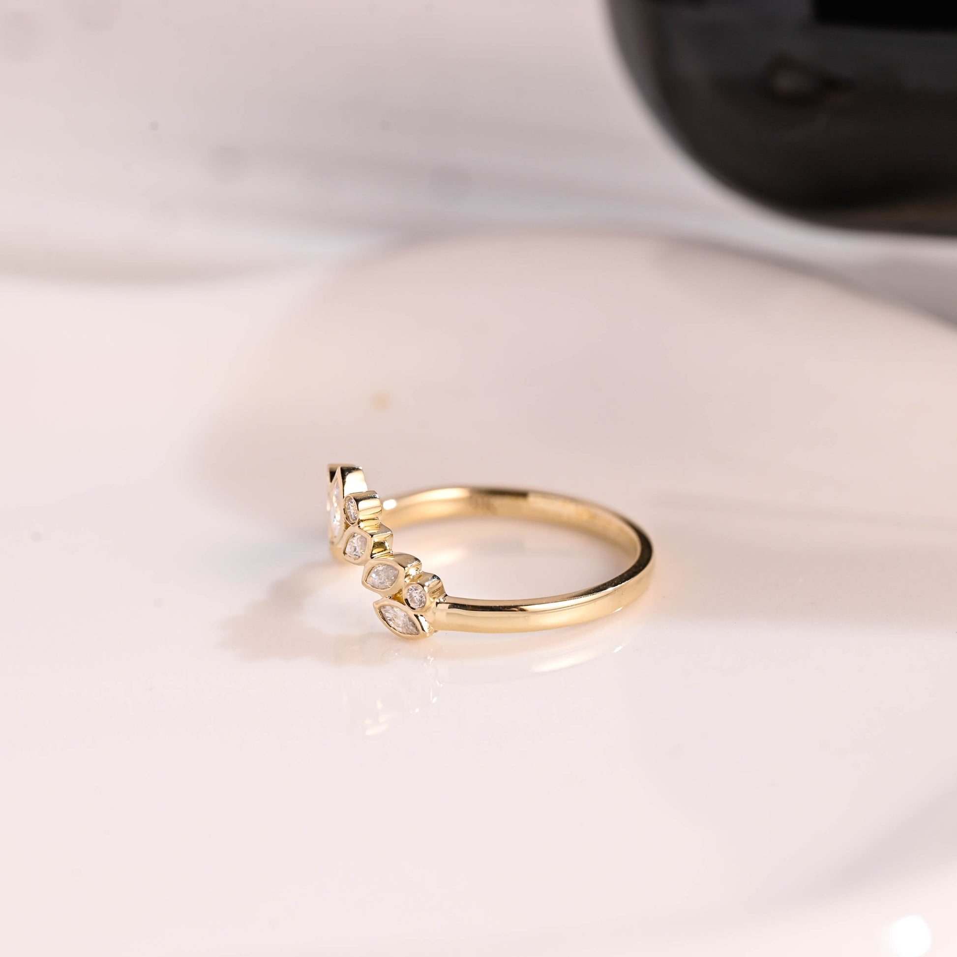 Solid Gold Curved Marquise & Round Cut Moissanite Wedding Band