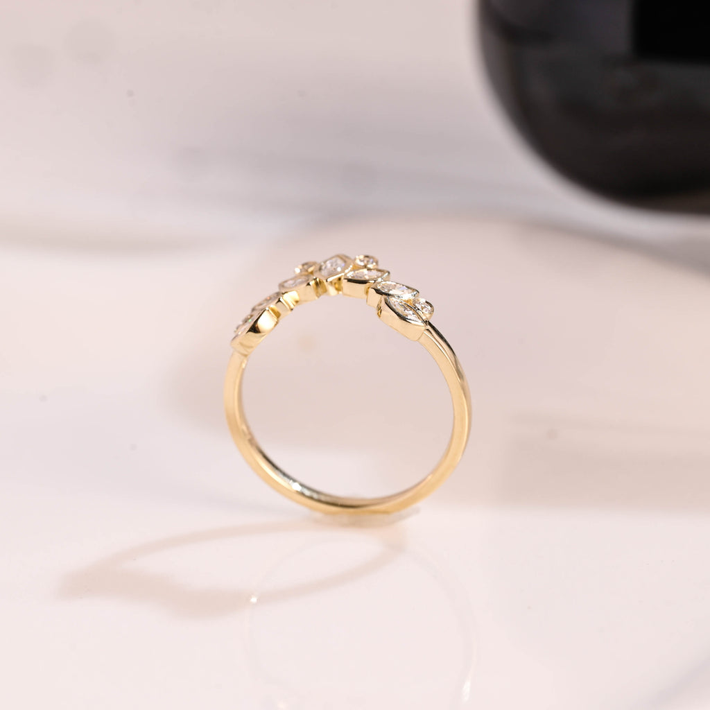 Solid Gold Curved Marquise & Round Cut Moissanite Wedding Band