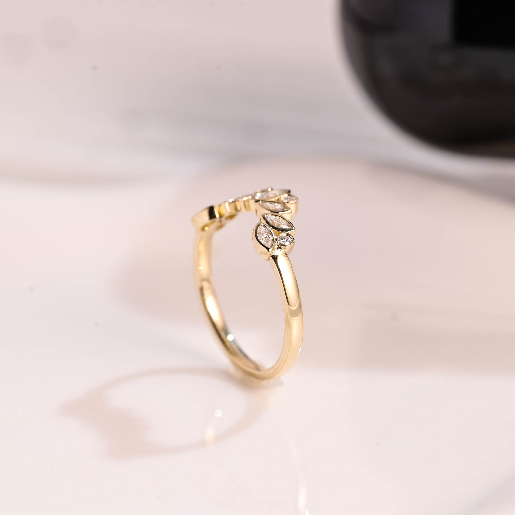 Solid Gold Curved Marquise & Round Cut Moissanite Wedding Band