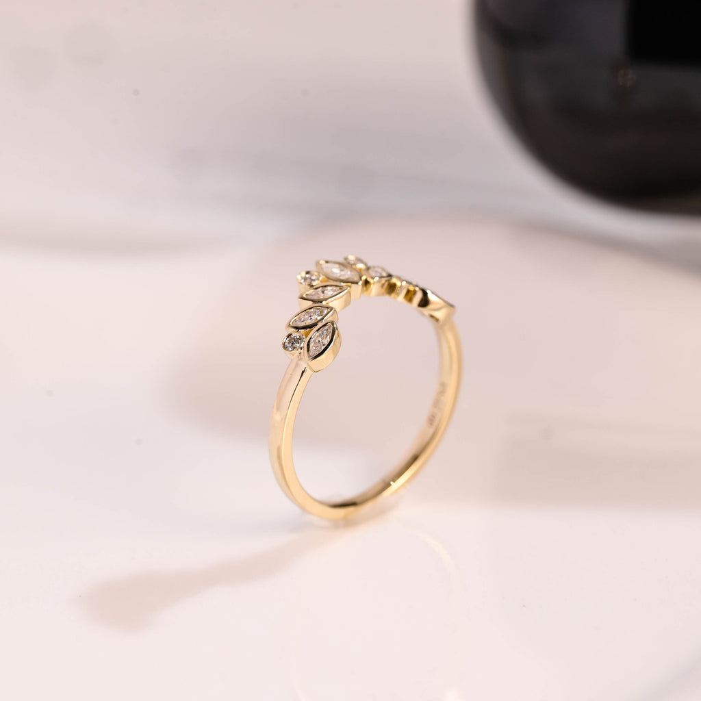 Solid Gold Curved Marquise & Round Cut Moissanite Wedding Band