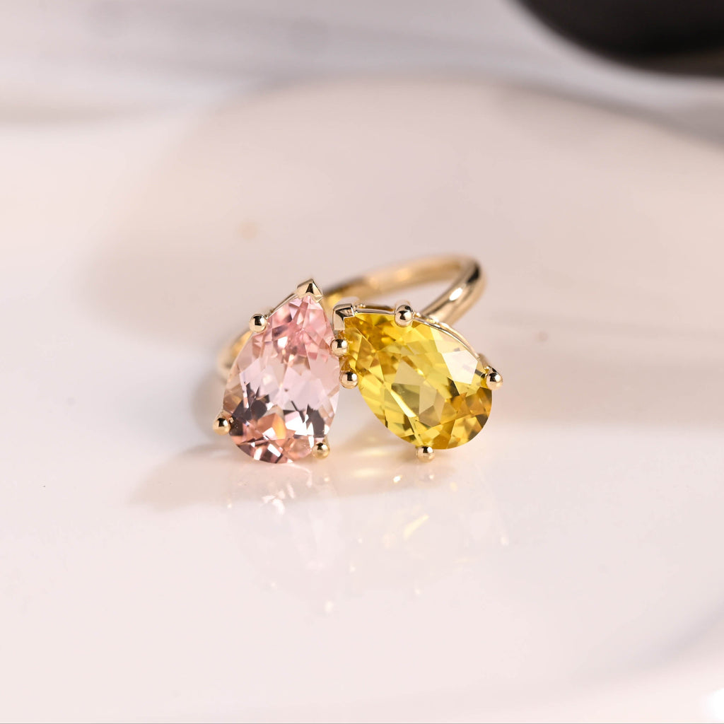 Solid Gold Toi et Moi Pear Cut Pink & Yellow Sapphire Engagement Ring