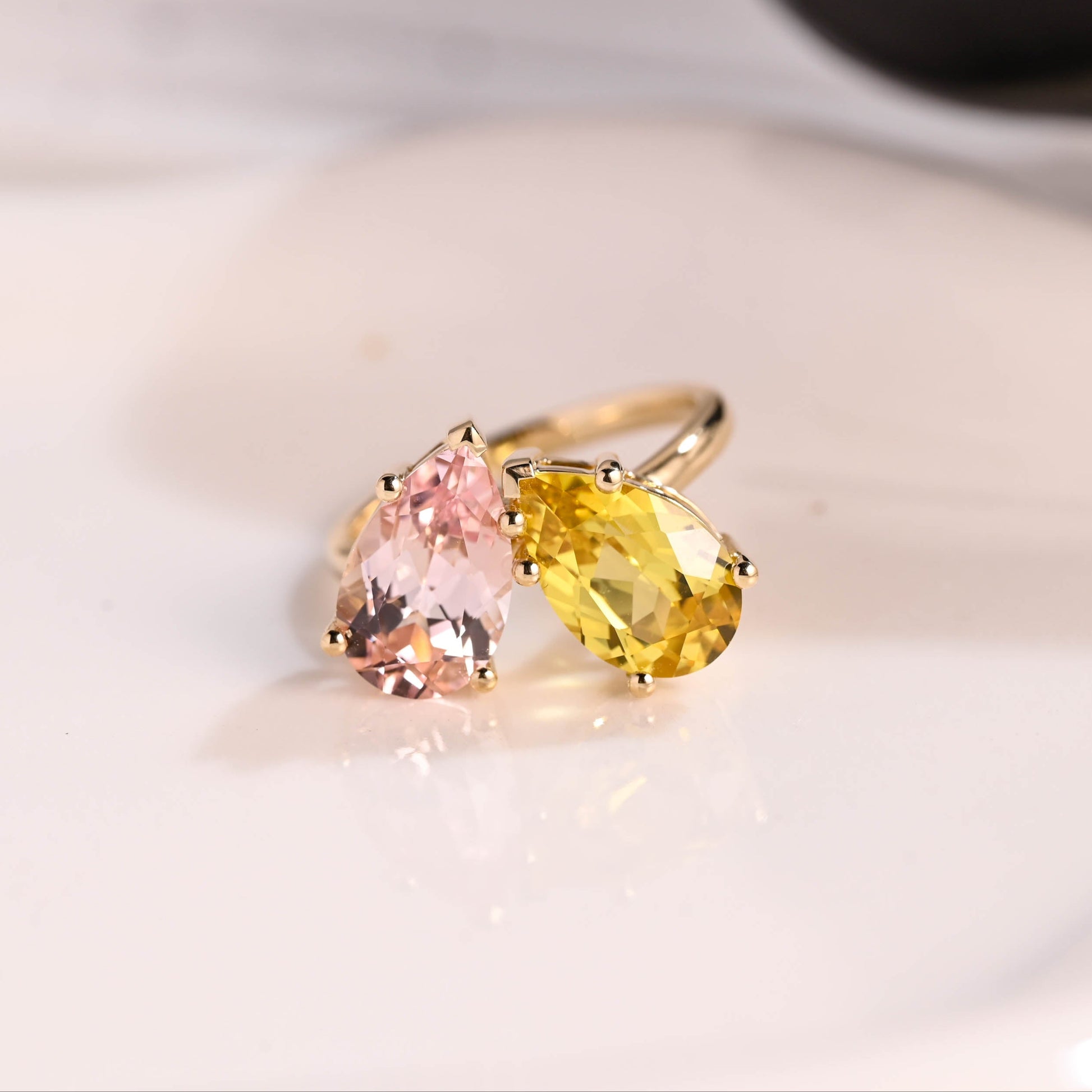 Solid Gold Toi et Moi Pear Cut Pink & Yellow Sapphire Engagement Ring