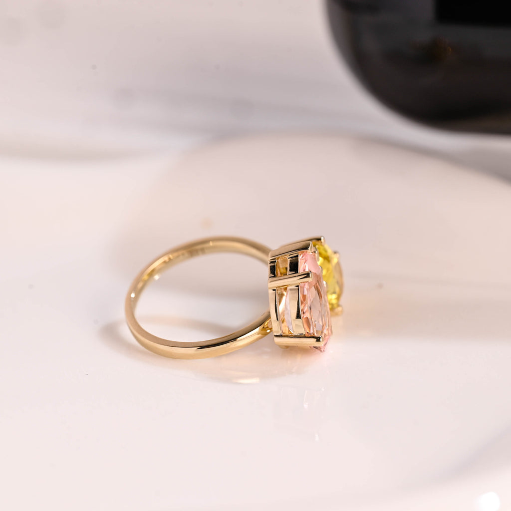 Solid Gold Toi et Moi Pear Cut Pink & Yellow Sapphire Engagement Ring