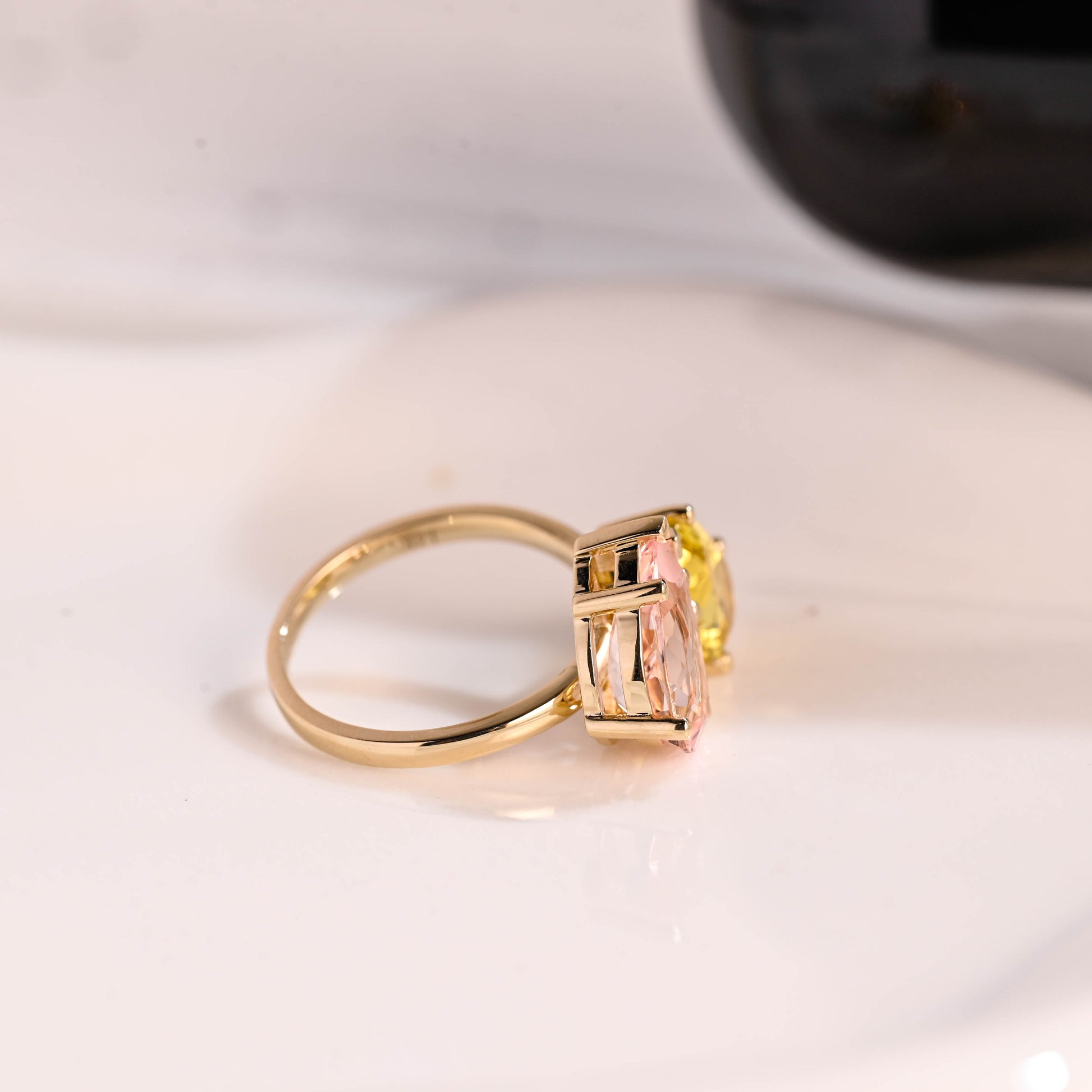 Solid Gold Toi et Moi Pear Cut Pink & Yellow Sapphire Engagement Ring
