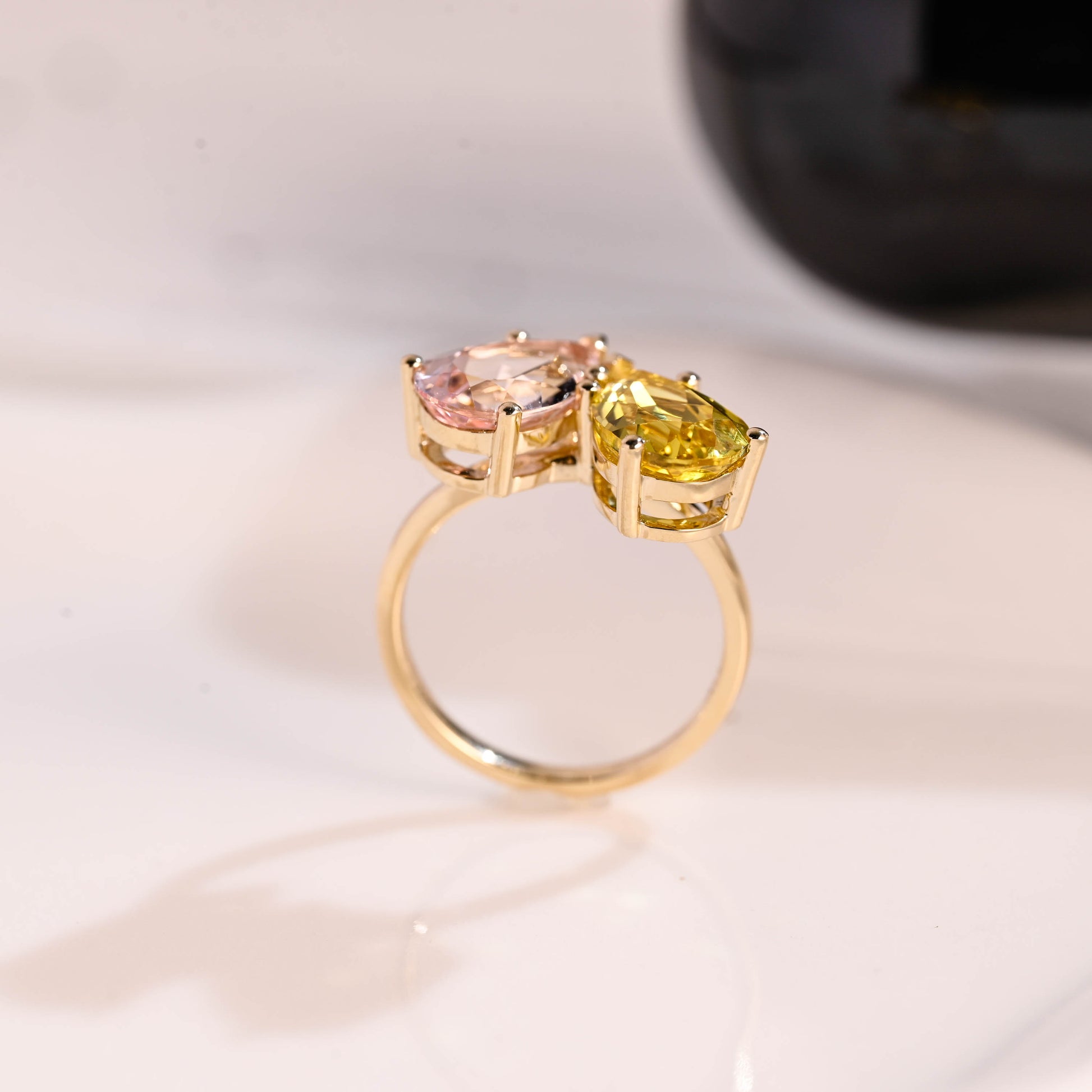 Solid Gold Toi et Moi Pear Cut Pink & Yellow Sapphire Engagement Ring
