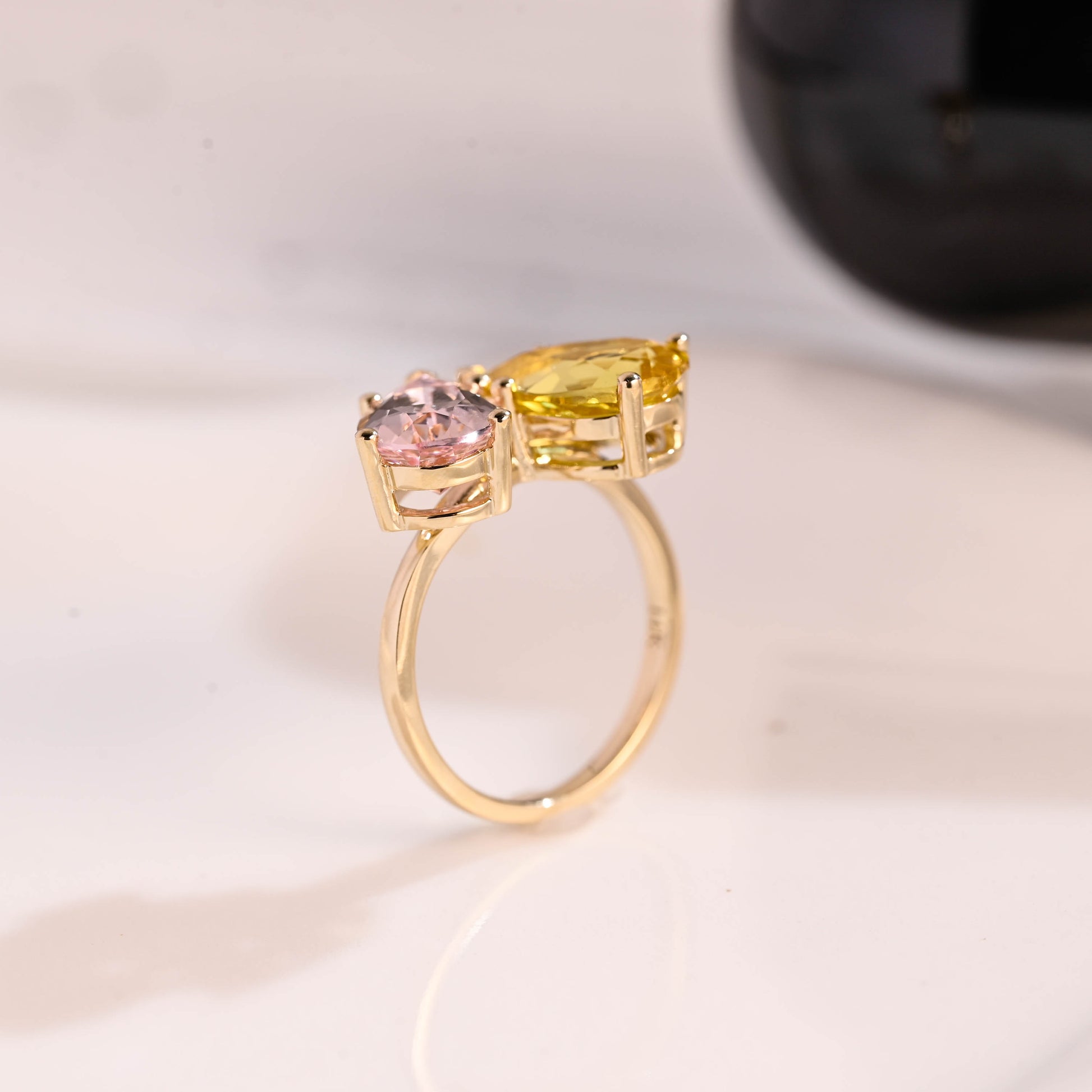 Solid Gold Toi et Moi Pear Cut Pink & Yellow Sapphire Engagement Ring