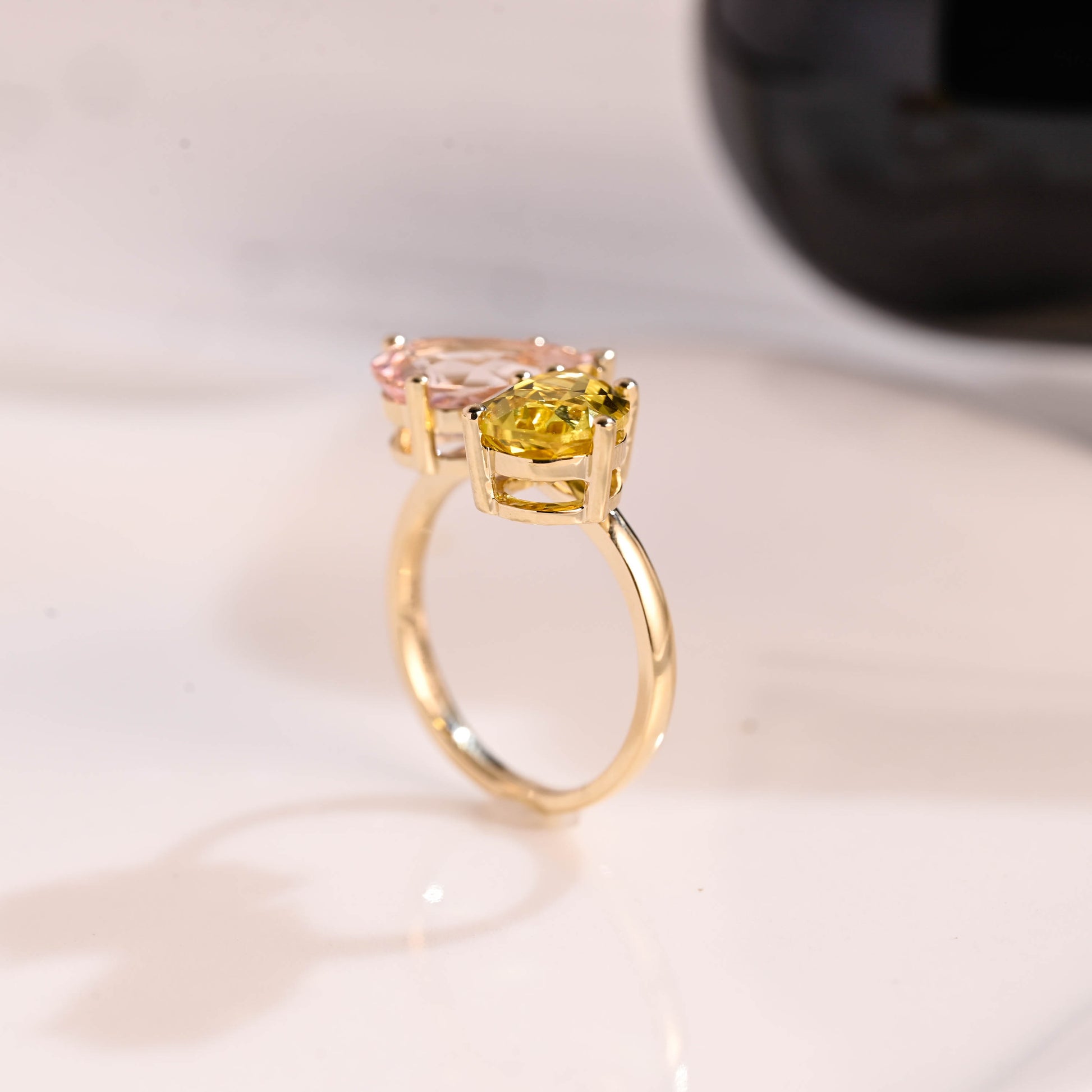 Solid Gold Toi et Moi Pear Cut Pink & Yellow Sapphire Engagement Ring