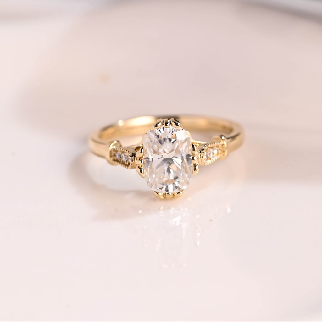 Solid Gold Filigree Elongated Cushion Cut Moissanite Engagement Ring