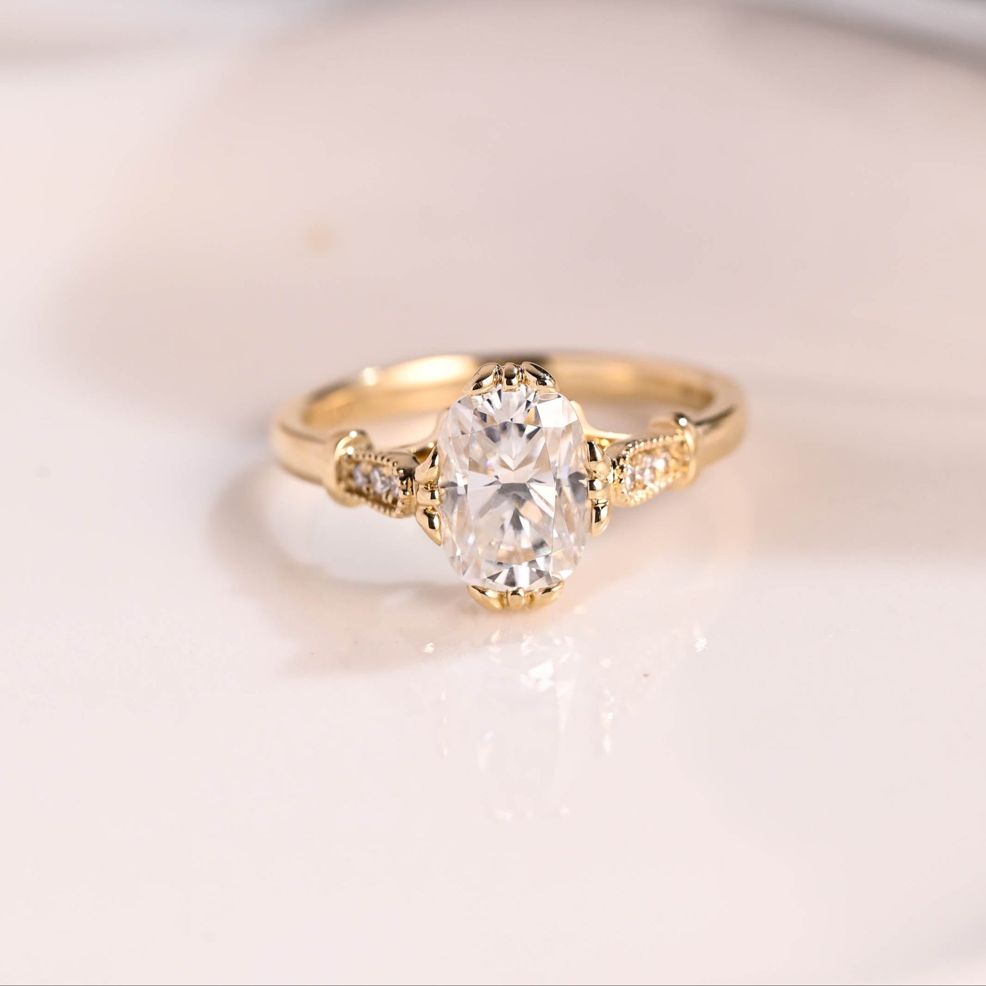 Solid Gold Filigree Elongated Cushion Cut Moissanite Engagement Ring