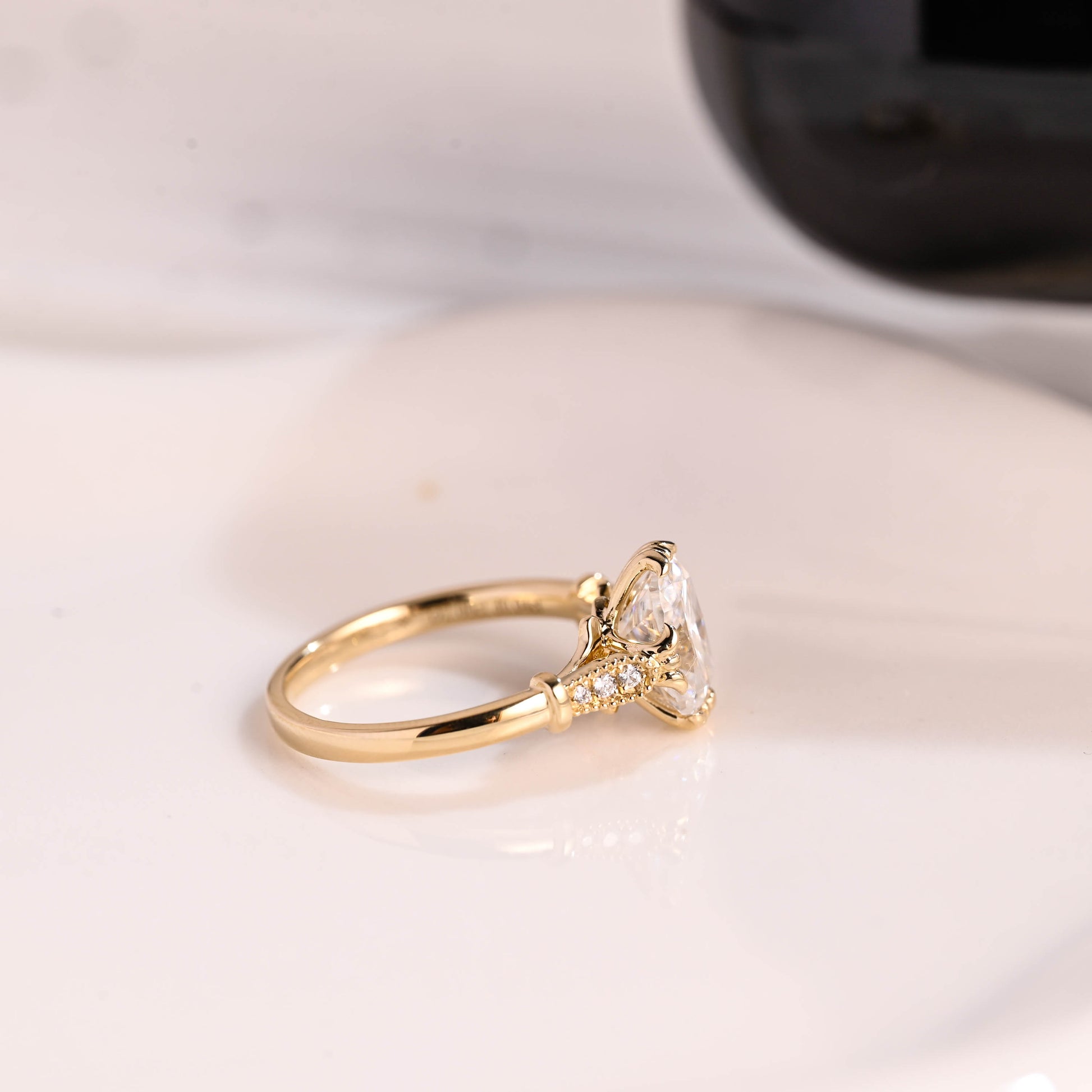 Solid Gold Filigree Elongated Cushion Cut Moissanite Engagement Ring