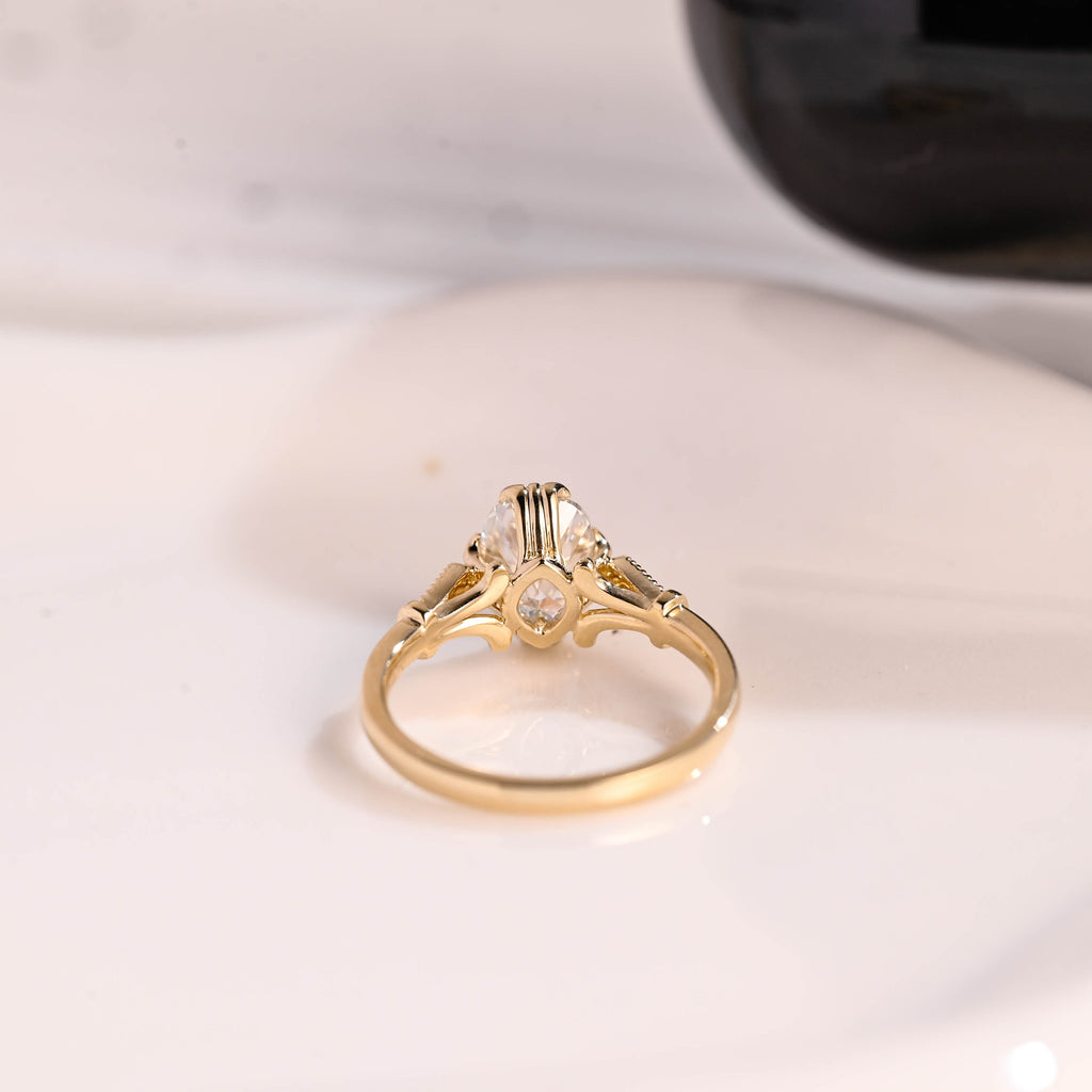 Solid Gold Filigree Elongated Cushion Cut Moissanite Engagement Ring