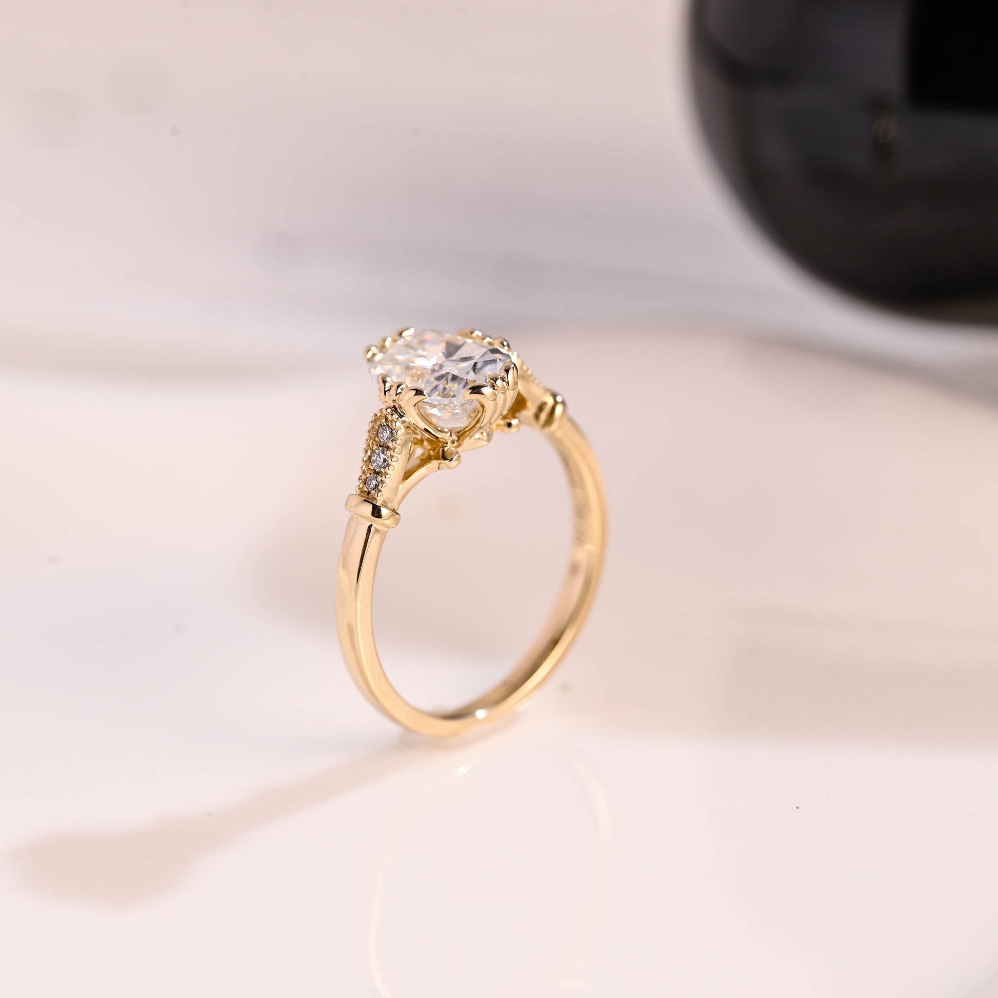 Solid Gold Filigree Elongated Cushion Cut Moissanite Engagement Ring