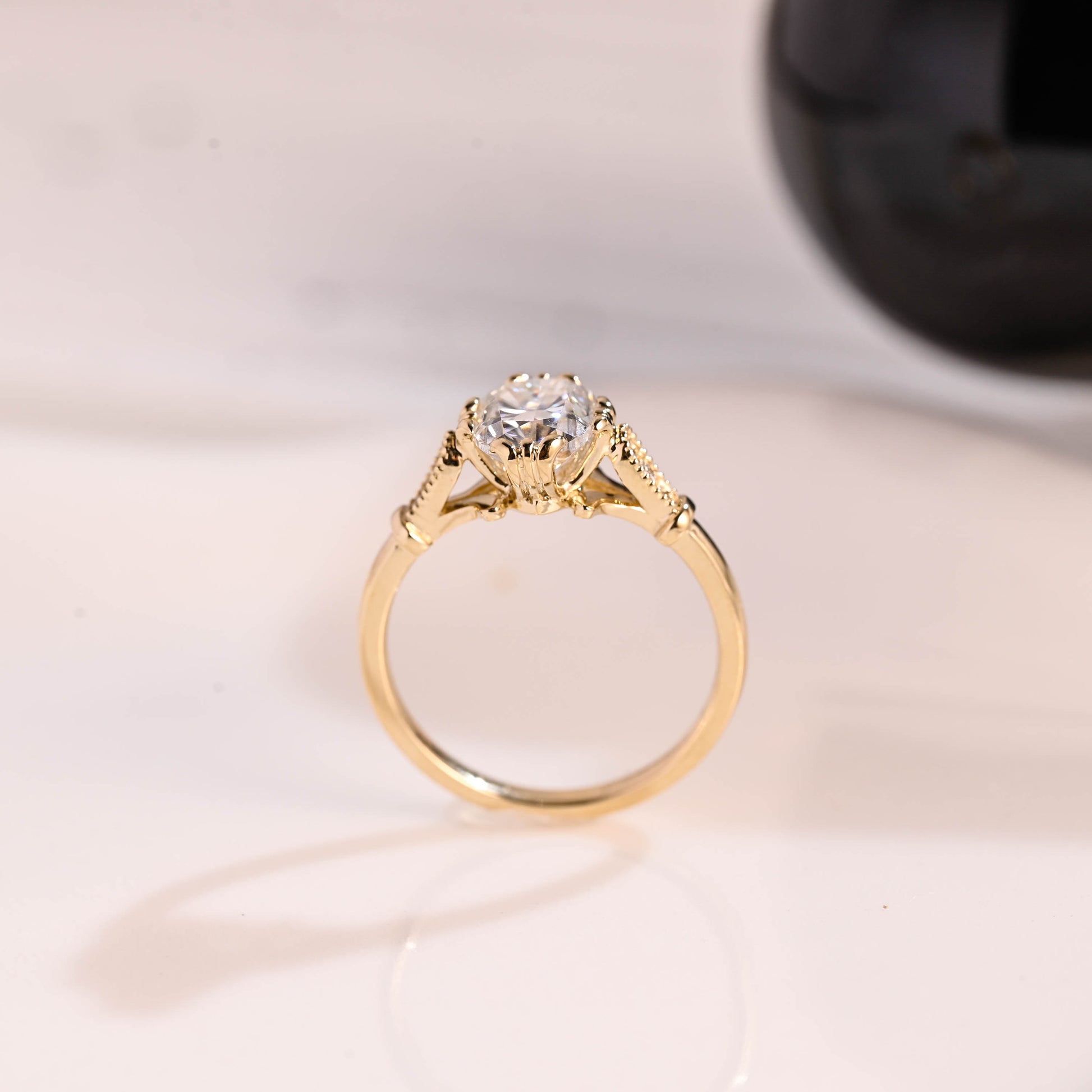 Solid Gold Filigree Elongated Cushion Cut Moissanite Engagement Ring