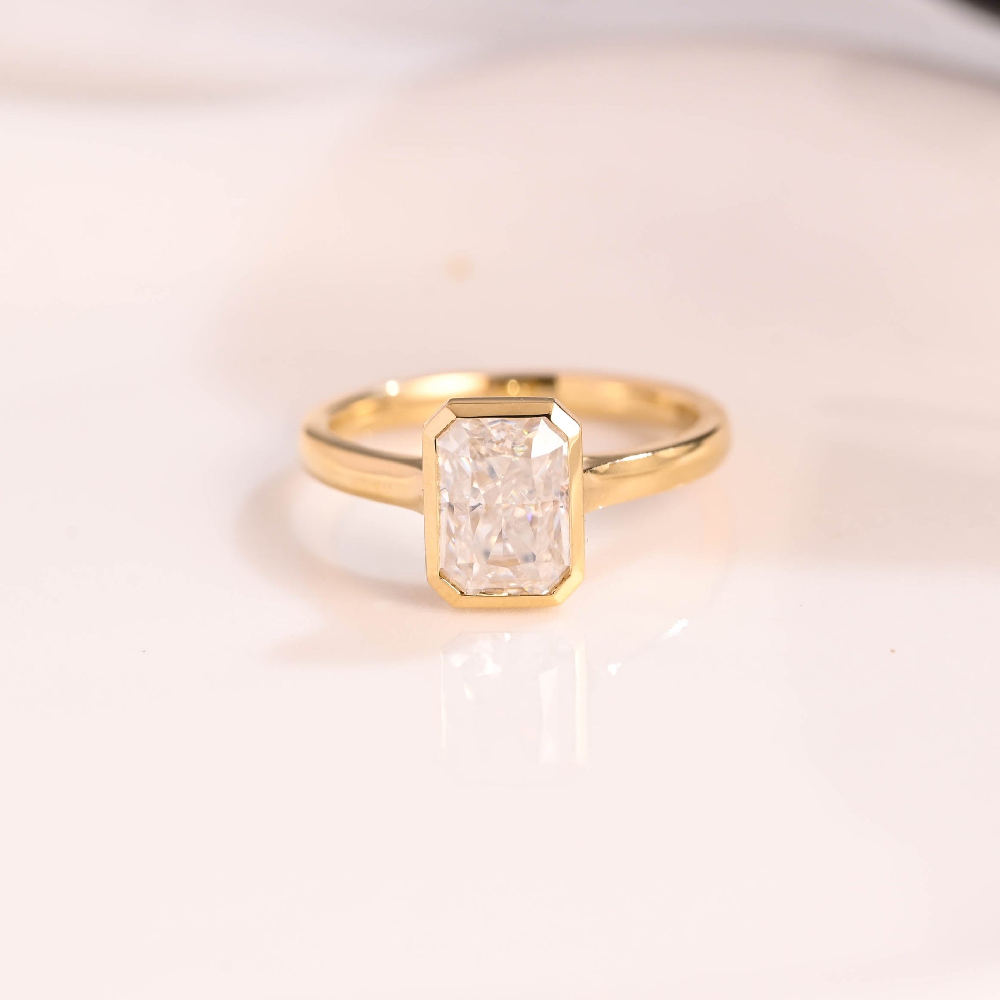 Solid Gold Solitaire Bezel Radiant Cut Moissanite Engagement Ring