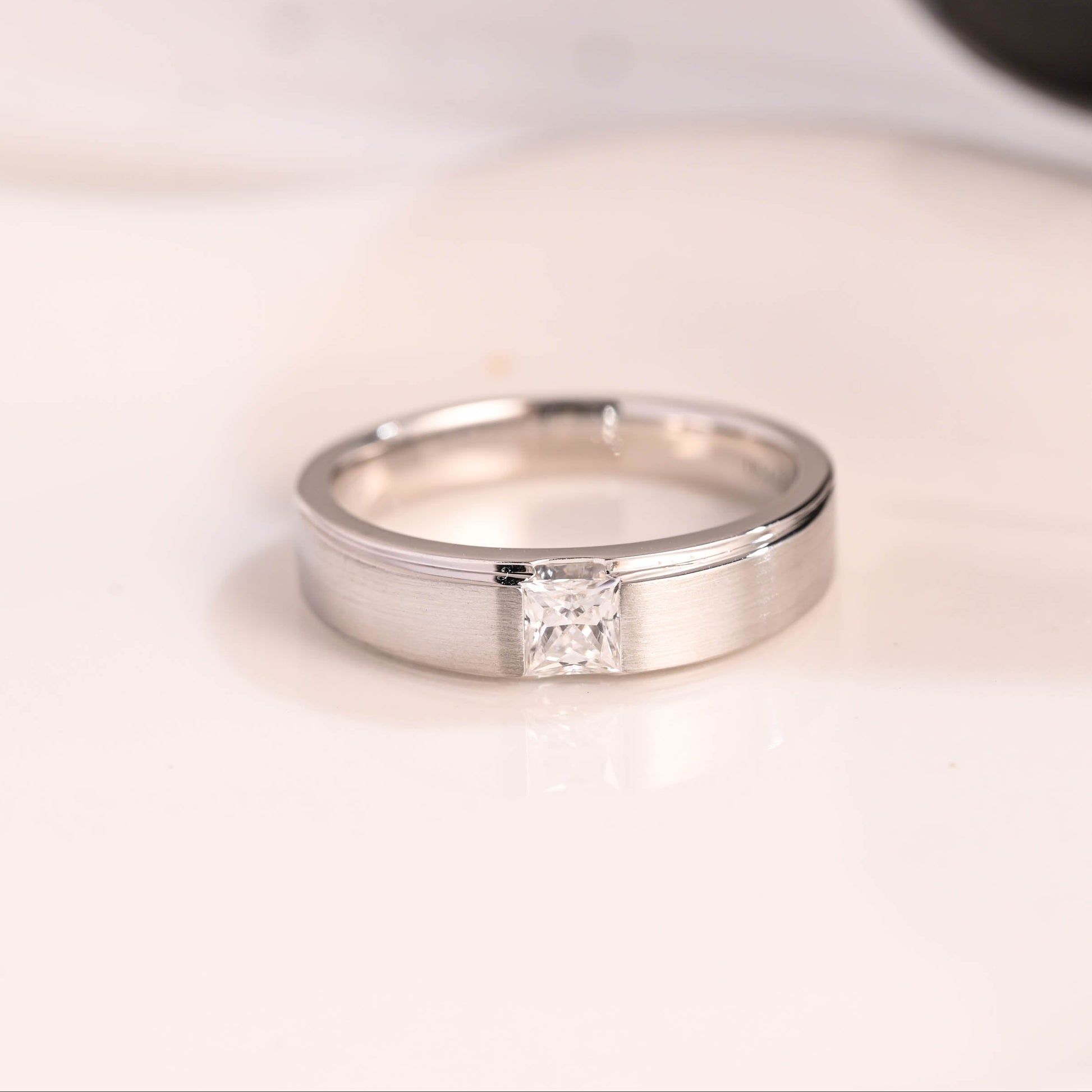 Solid Gold Brushed 3.5mm Width Princess Cut Moissanite Wedding Band for Men