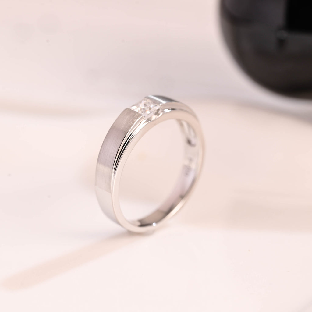 Solid Gold Brushed 3.5mm Width Princess Cut Moissanite Wedding Band for Men