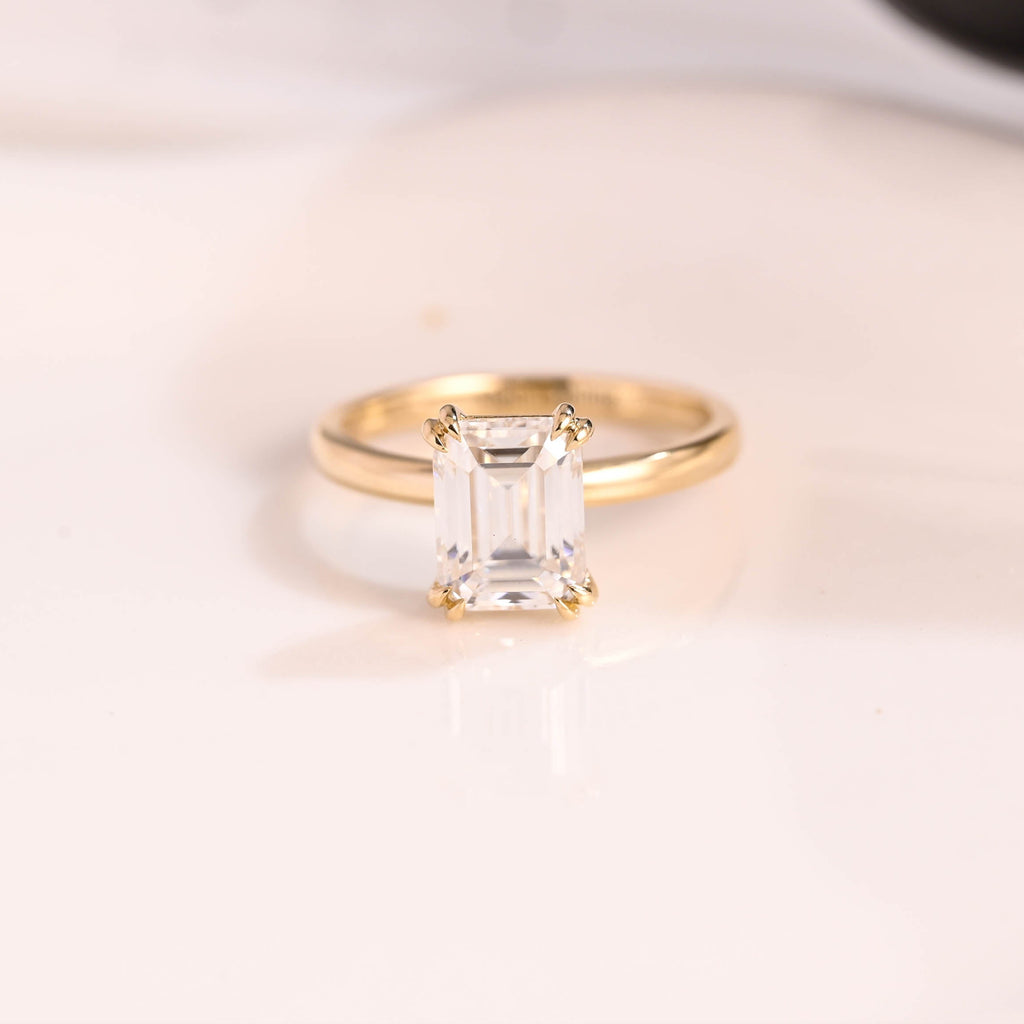 Solid Gold Solitaire Emerald Cut Moissanite Engagement Ring Double Prongs