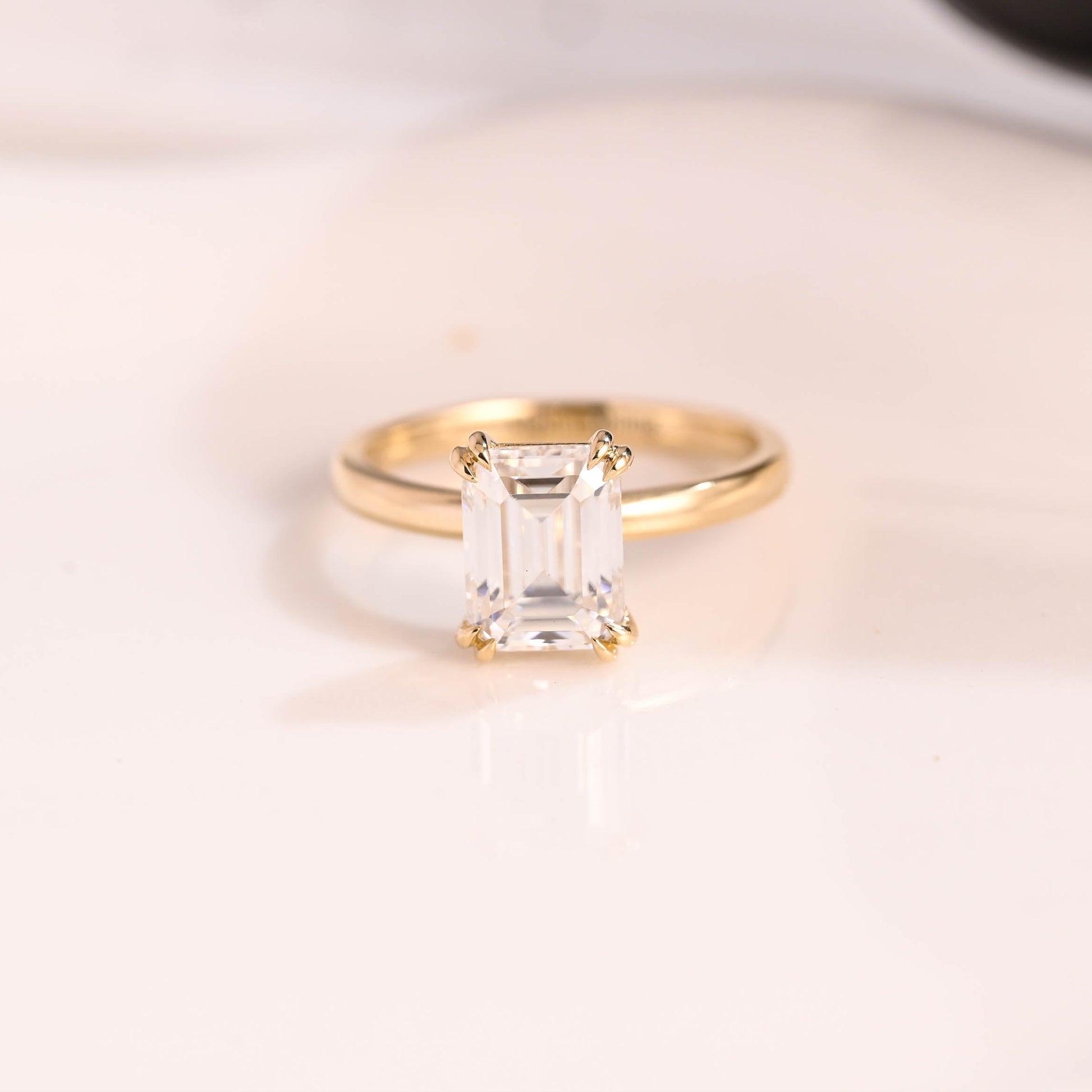 Solid Gold Solitaire Emerald Cut Moissanite Engagement Ring Double Prongs