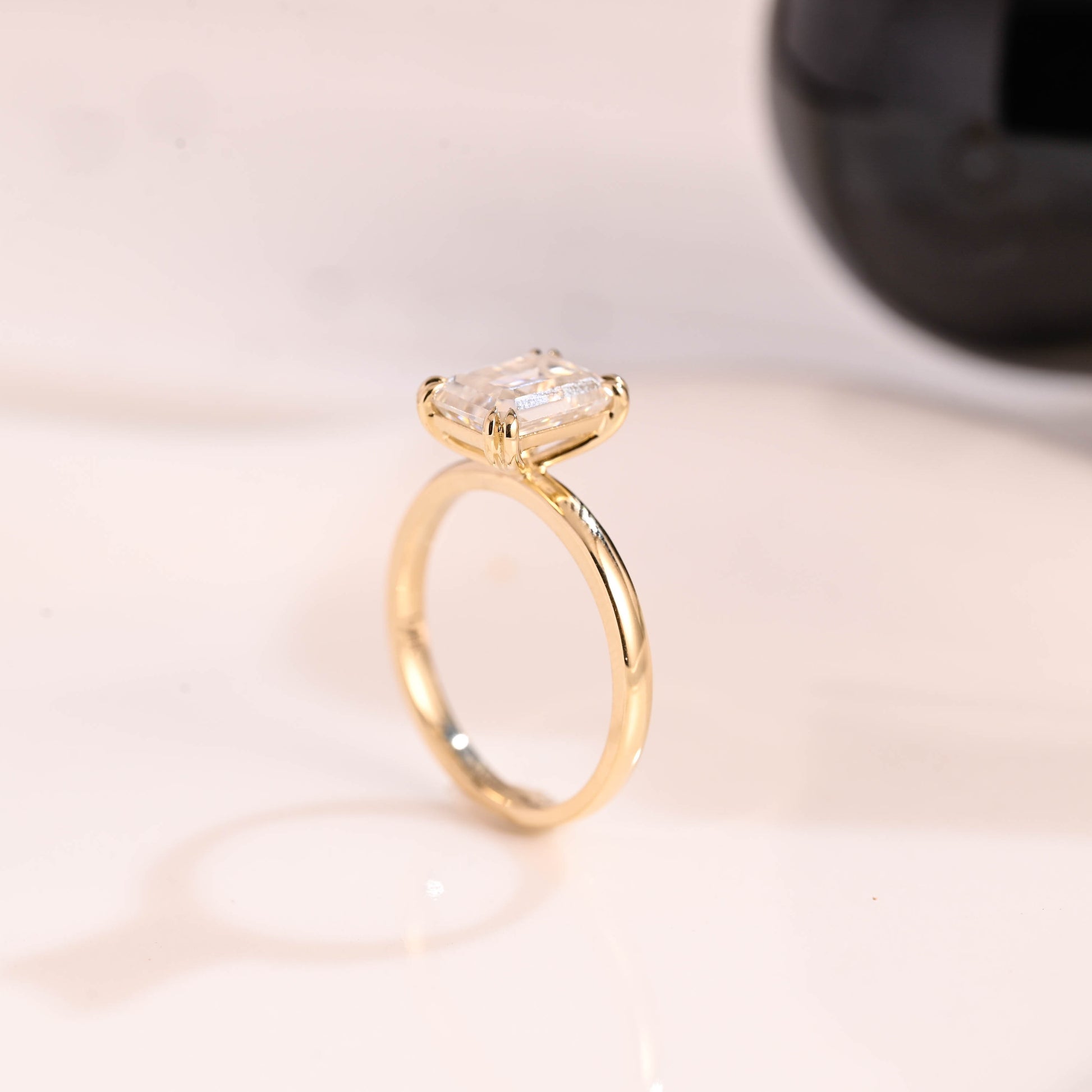 Solid Gold Solitaire Emerald Cut Moissanite Engagement Ring Double Prongs