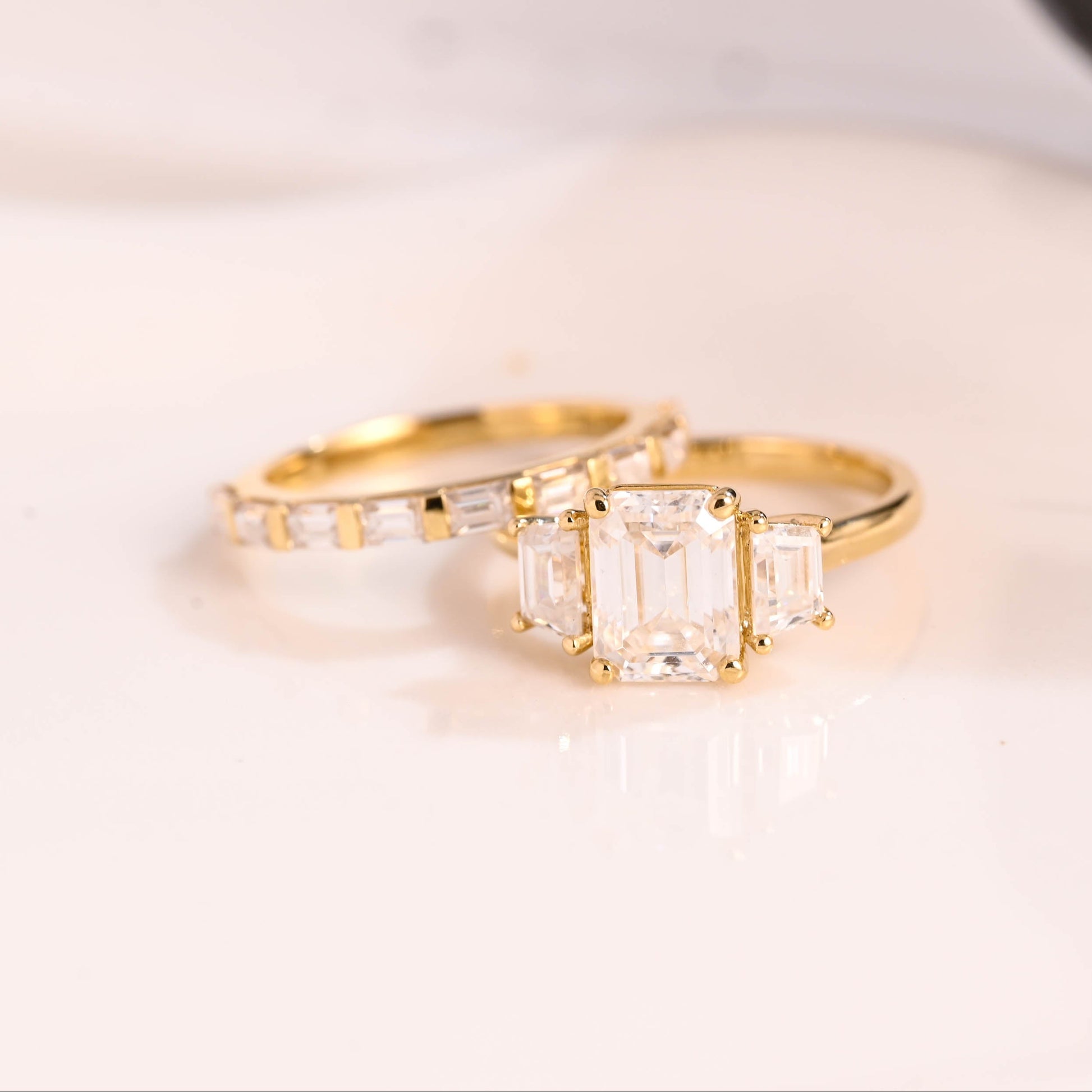 Solid Gold Three Stone Emerald Cut Moissainte Wedding Ring Set