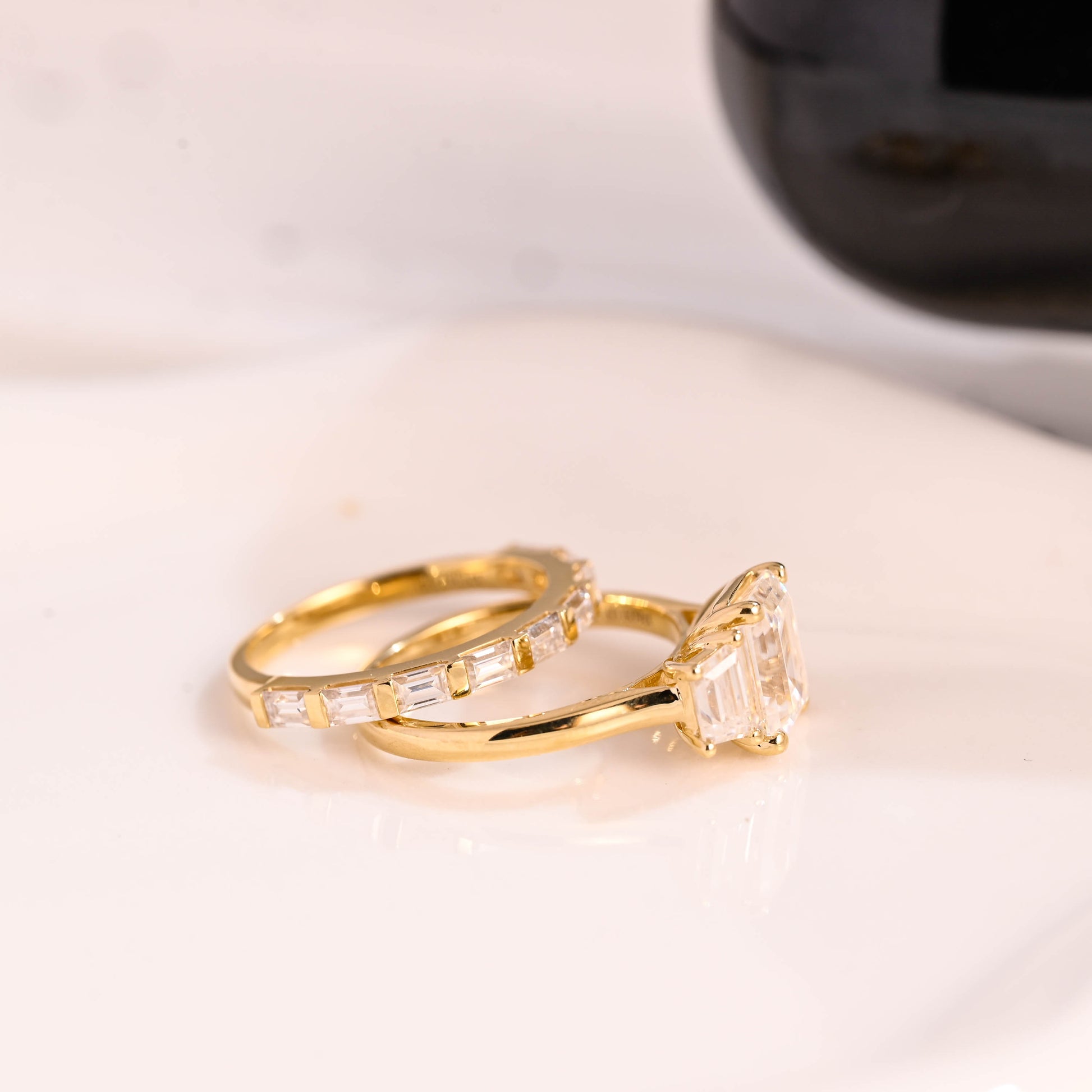Solid Gold Three Stone Emerald Cut Moissainte Wedding Ring Set