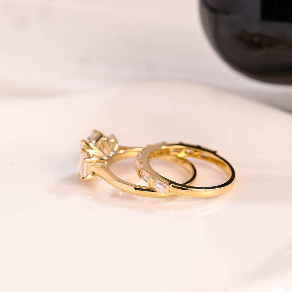 Solid Gold Three Stone Emerald Cut Moissainte Wedding Ring Set