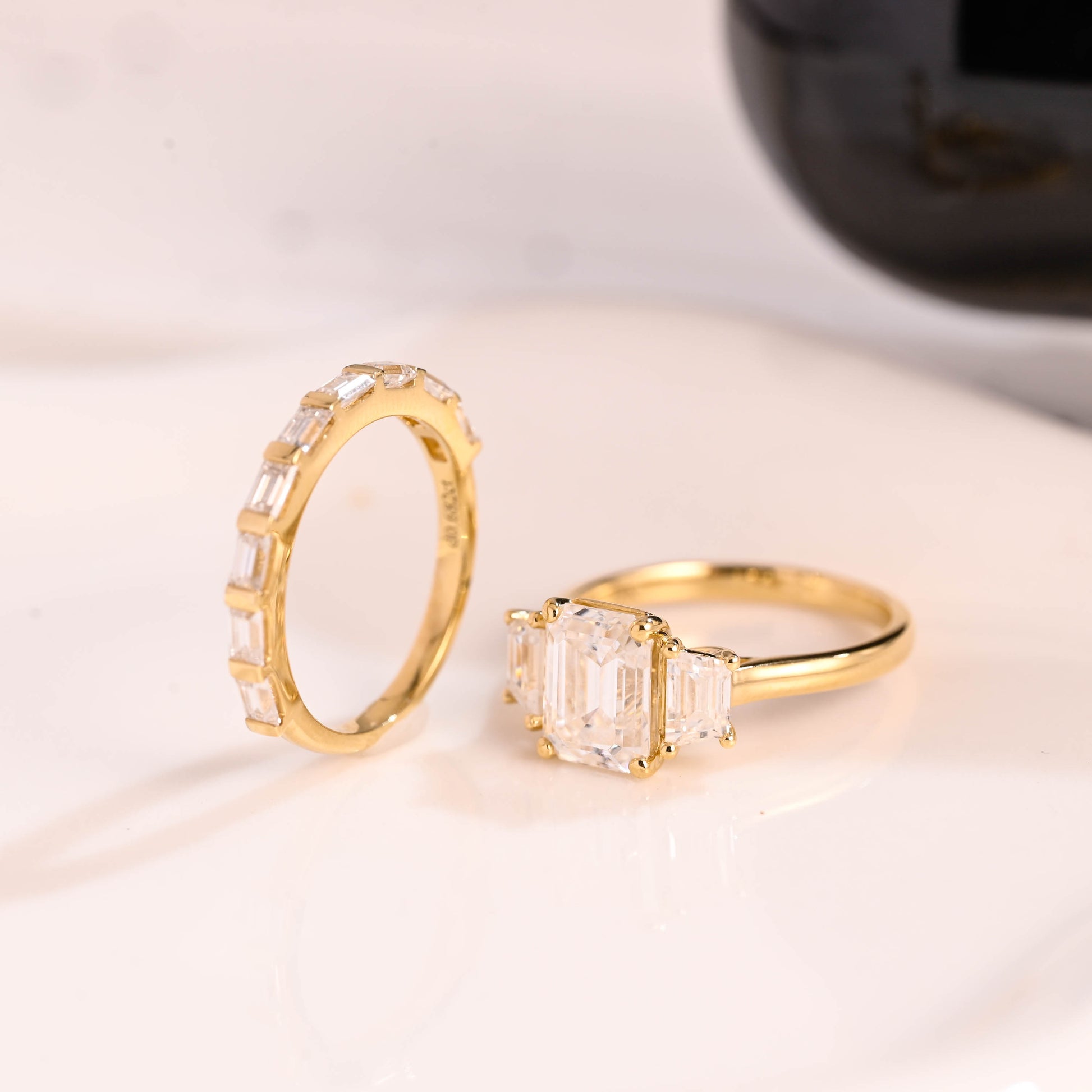 Solid Gold Three Stone Emerald Cut Moissainte Wedding Ring Set
