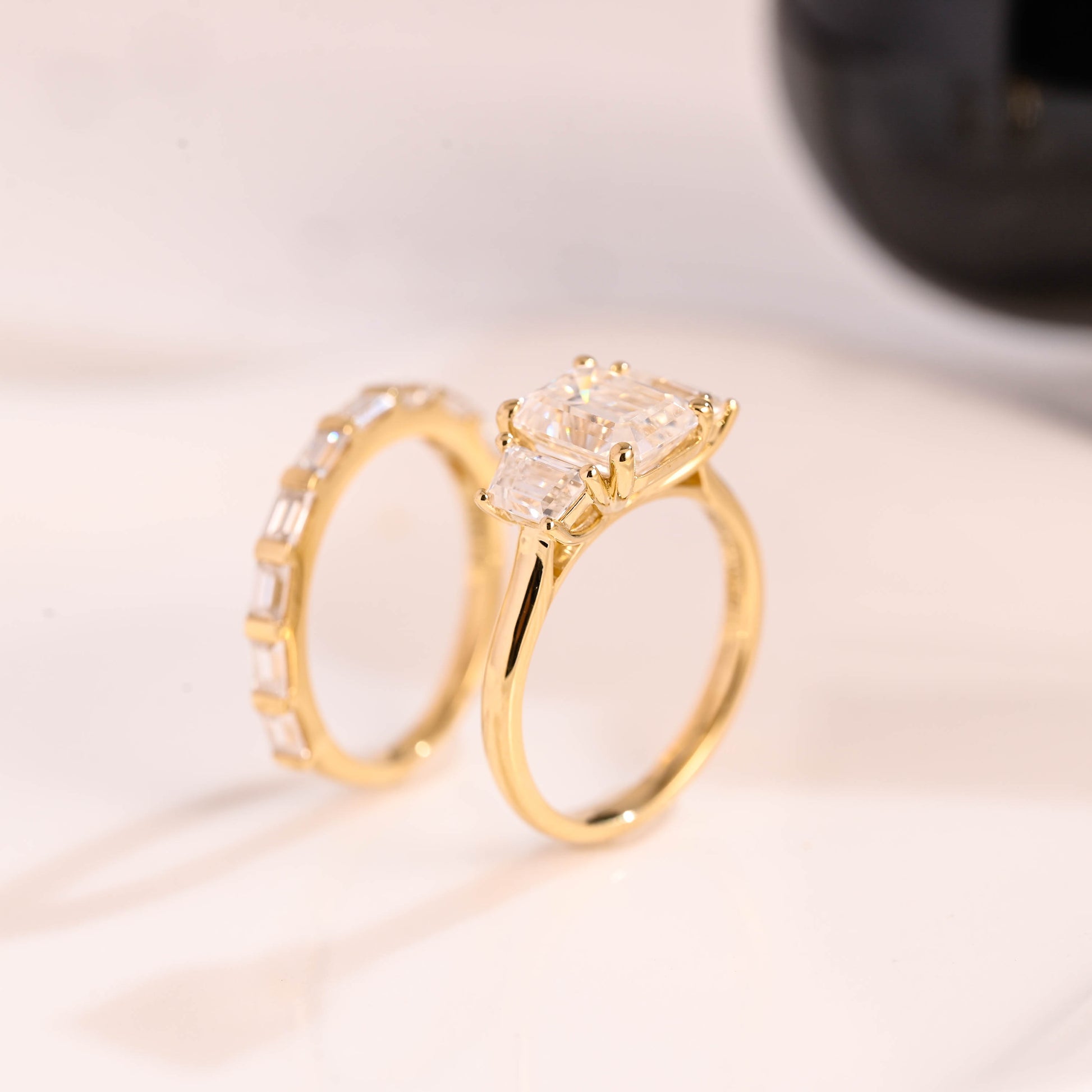 Solid Gold Three Stone Emerald Cut Moissainte Wedding Ring Set