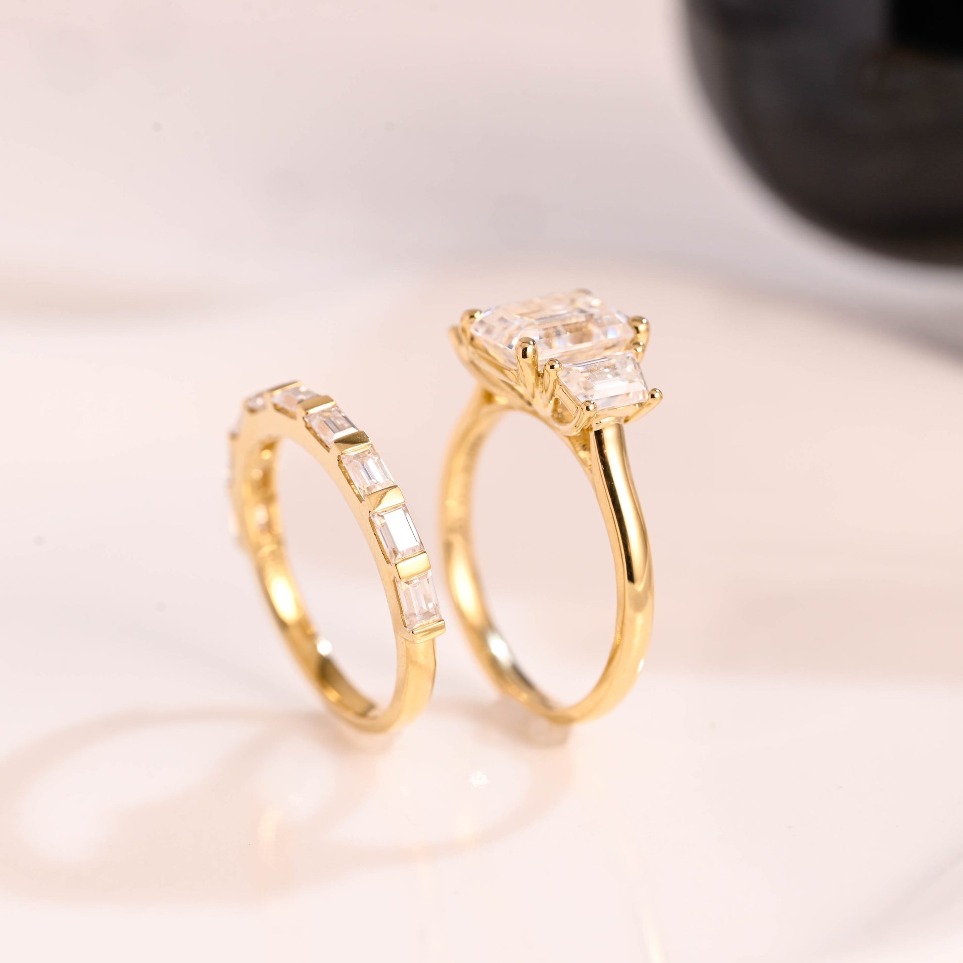 Solid Gold Three Stone Emerald Cut Moissainte Wedding Ring Set