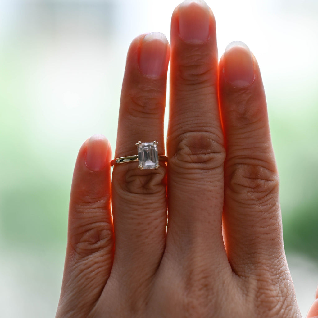 Solid Gold Solitaire Emerald Cut Moissanite Engagement Ring Double Prongs