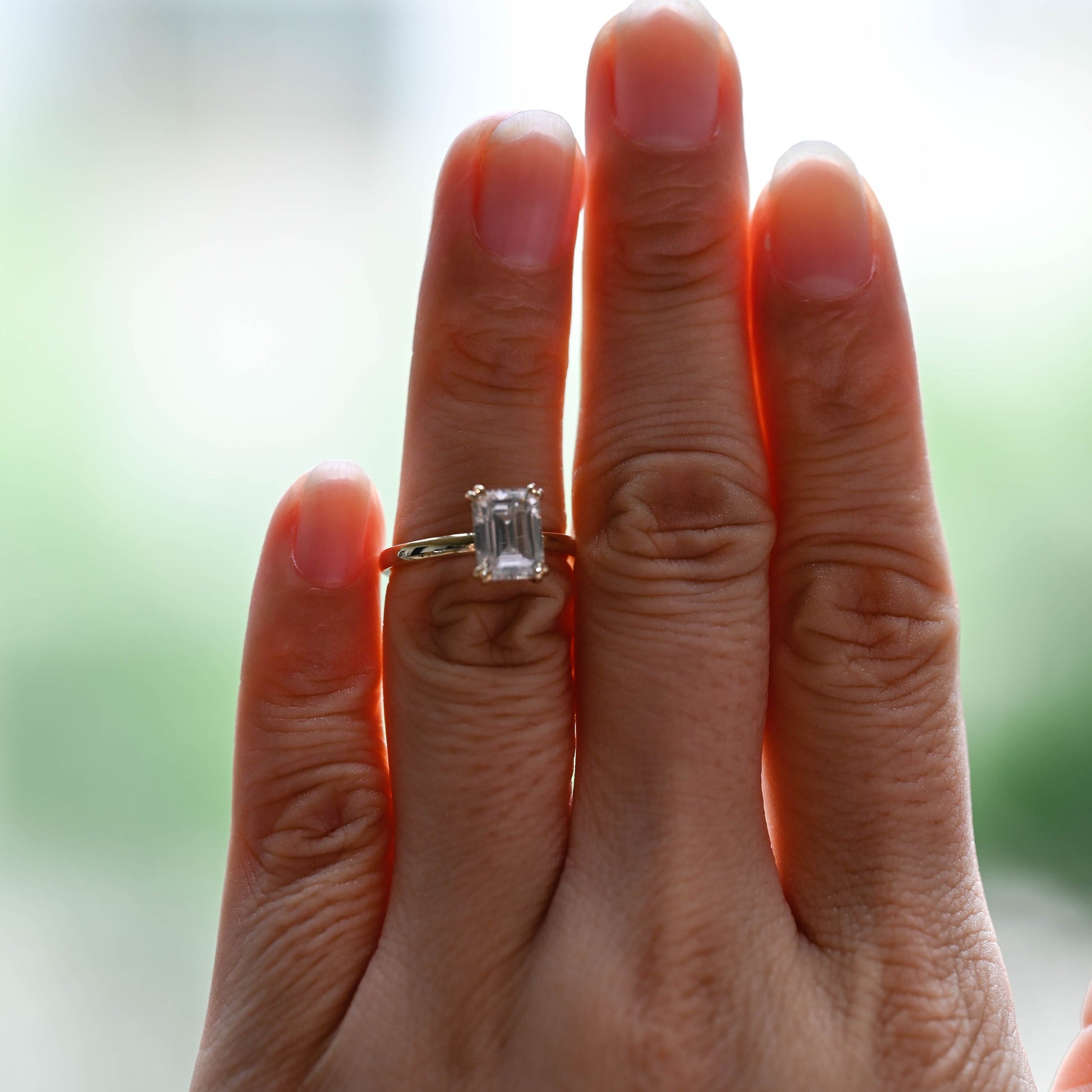 Solid Gold Solitaire Emerald Cut Moissanite Engagement Ring Double Prongs