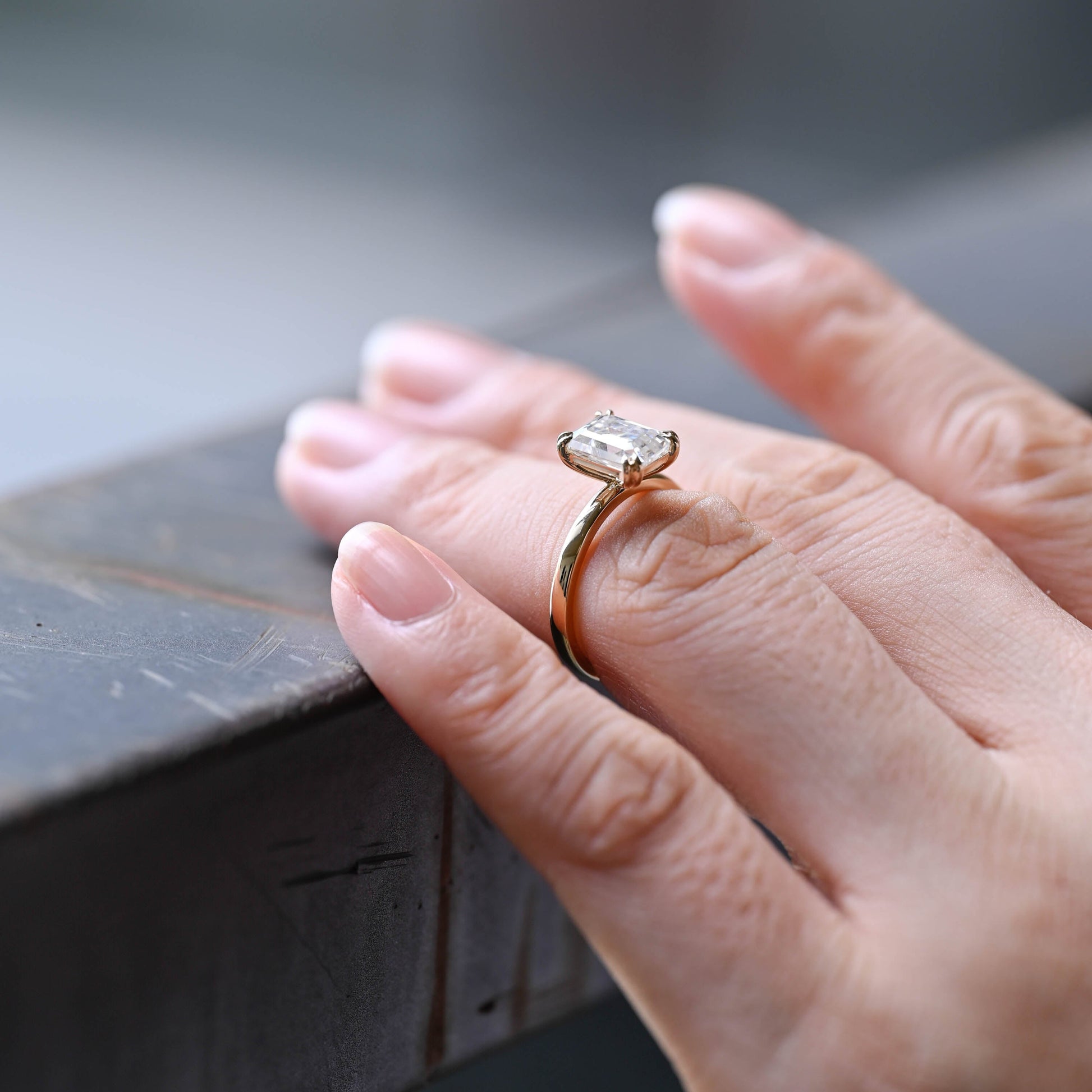 Solid Gold Solitaire Emerald Cut Moissanite Engagement Ring Double Prongs