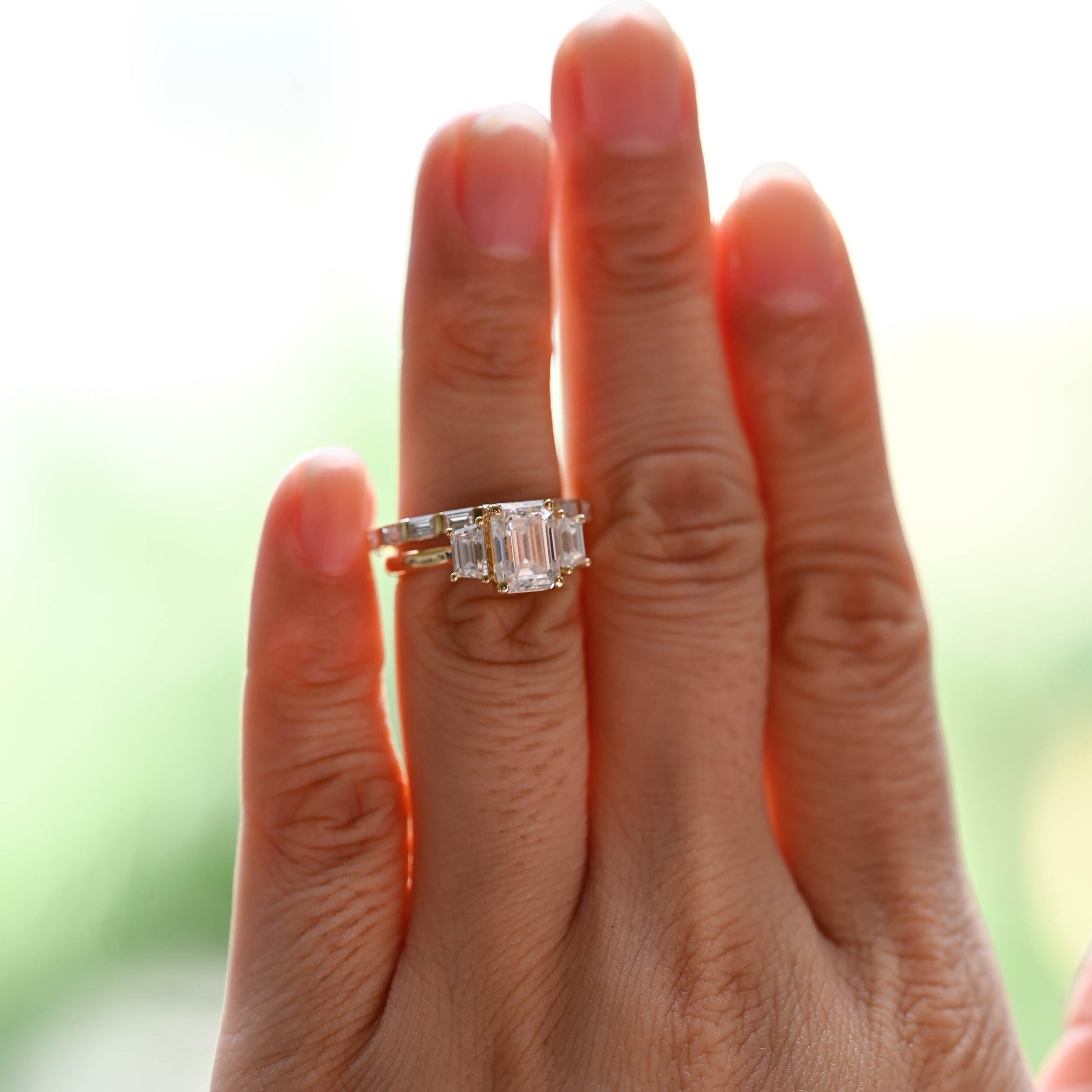 Solid Gold Three Stone Emerald Cut Moissainte Wedding Ring Set