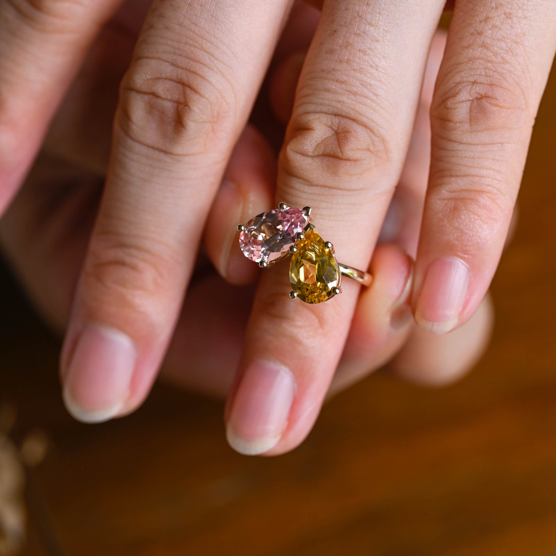 Solid Gold Toi et Moi Pear Cut Pink & Yellow Sapphire Engagement Ring