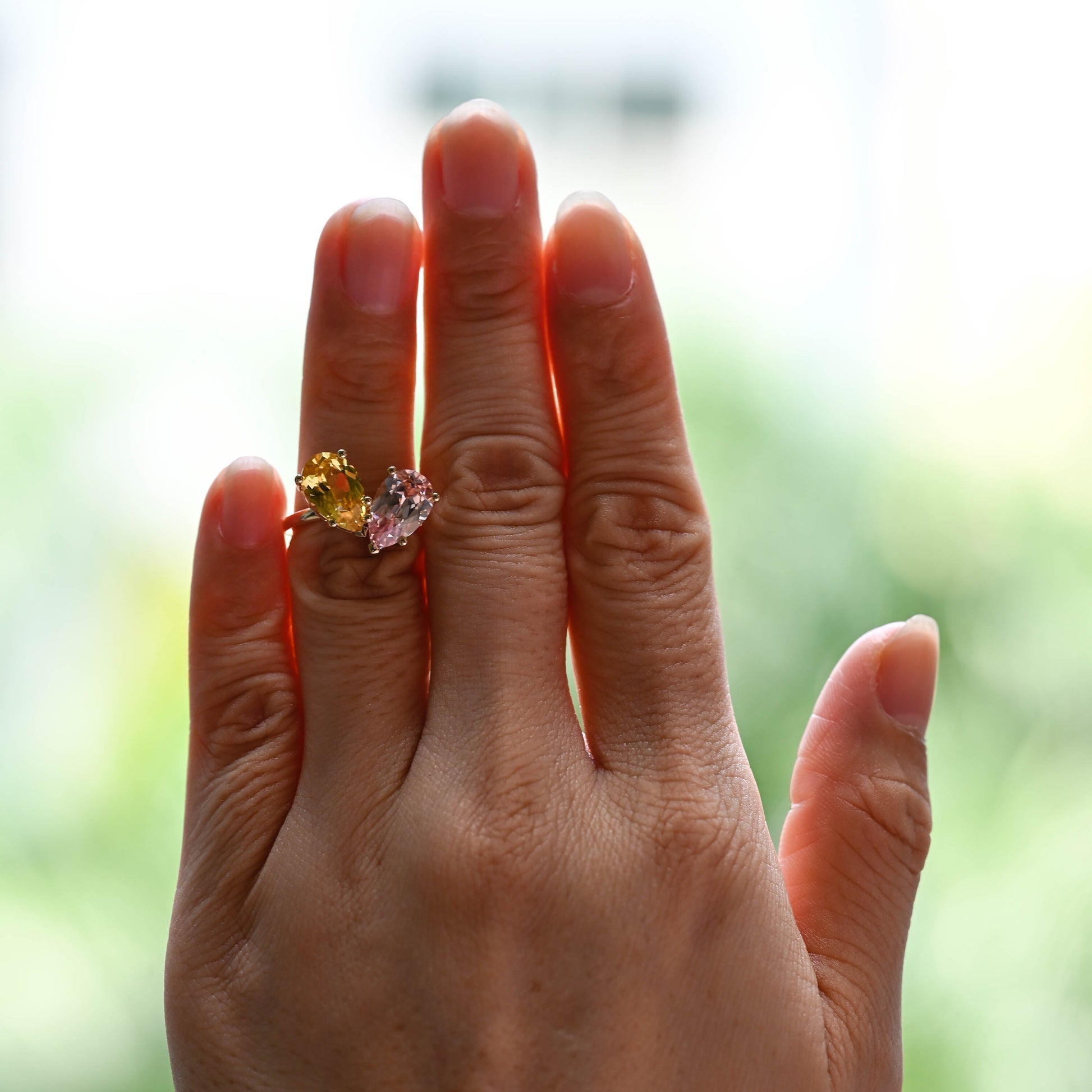 Solid Gold Toi et Moi Pear Cut Pink & Yellow Sapphire Engagement Ring