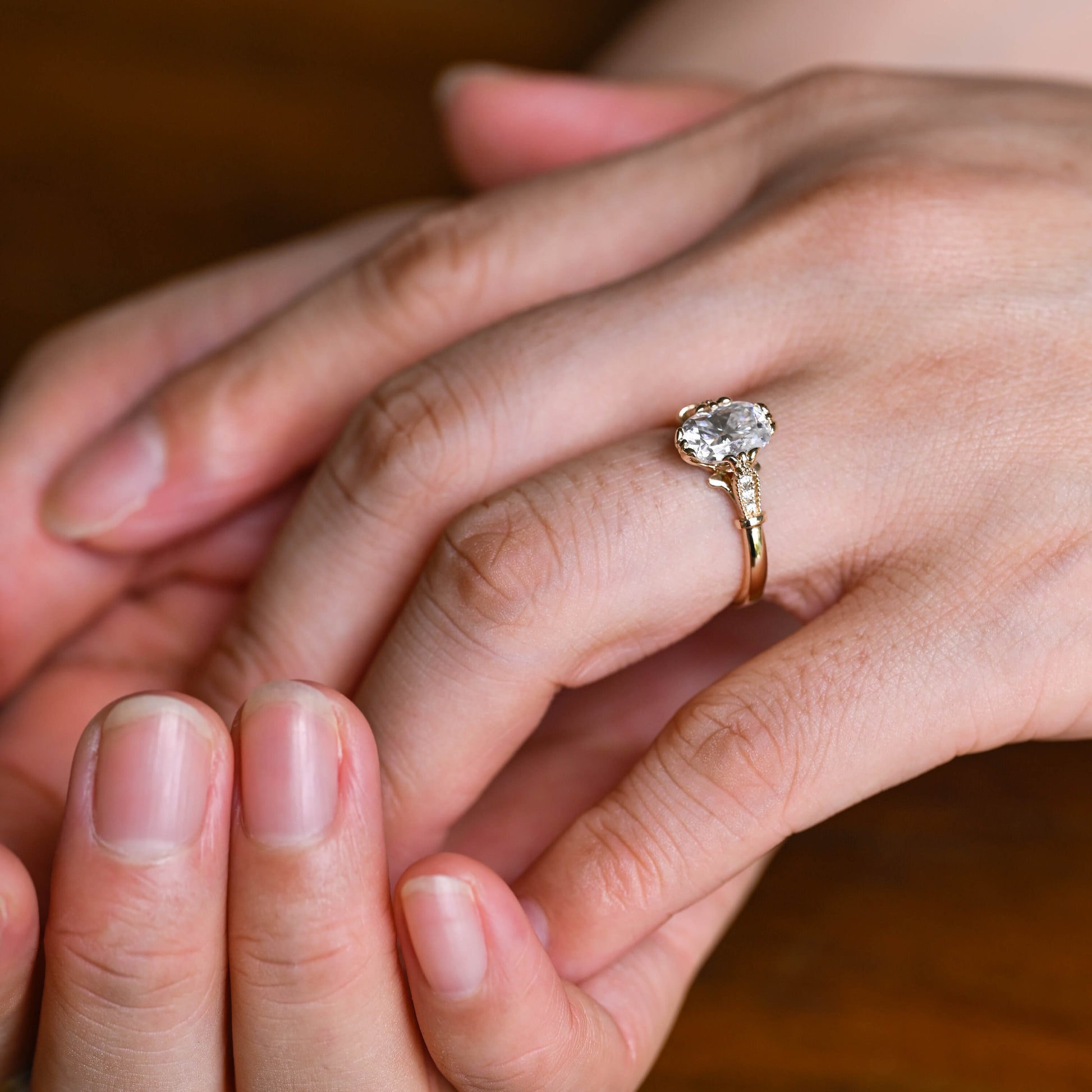 Solid Gold Filigree Elongated Cushion Cut Moissanite Engagement Ring