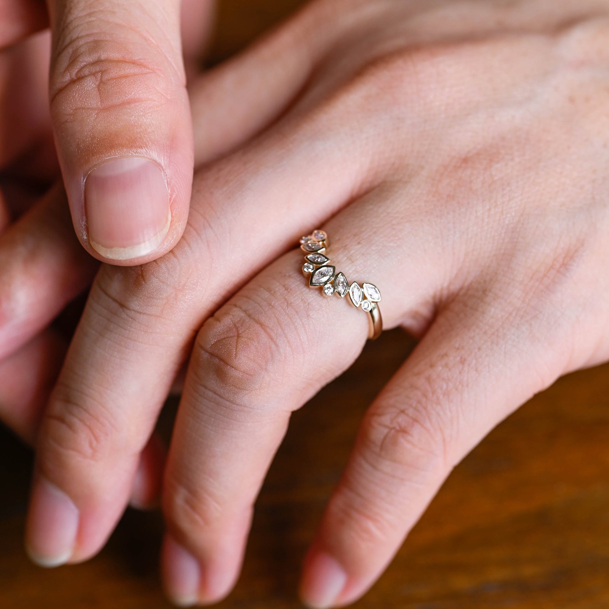 Solid Gold Curved Marquise & Round Cut Moissanite Wedding Band