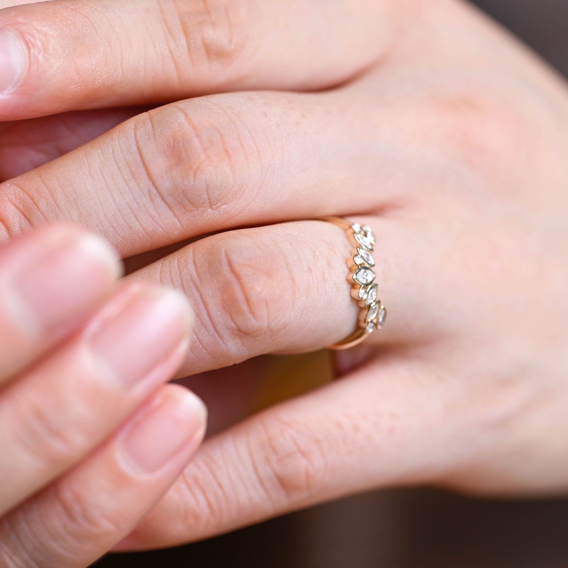 Solid Gold Curved Marquise & Round Cut Moissanite Wedding Band