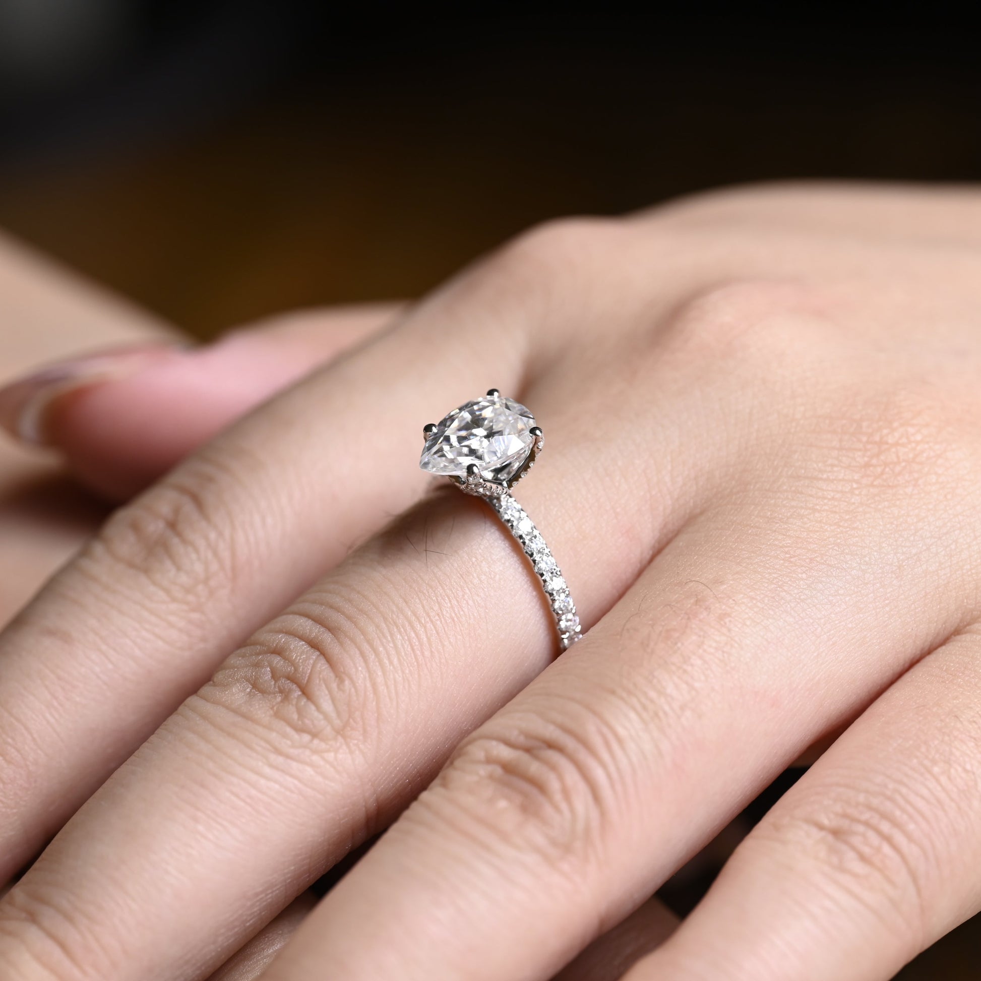 Solid Gold Hidden Halo Pear Cut Moissanite Engagement Ring