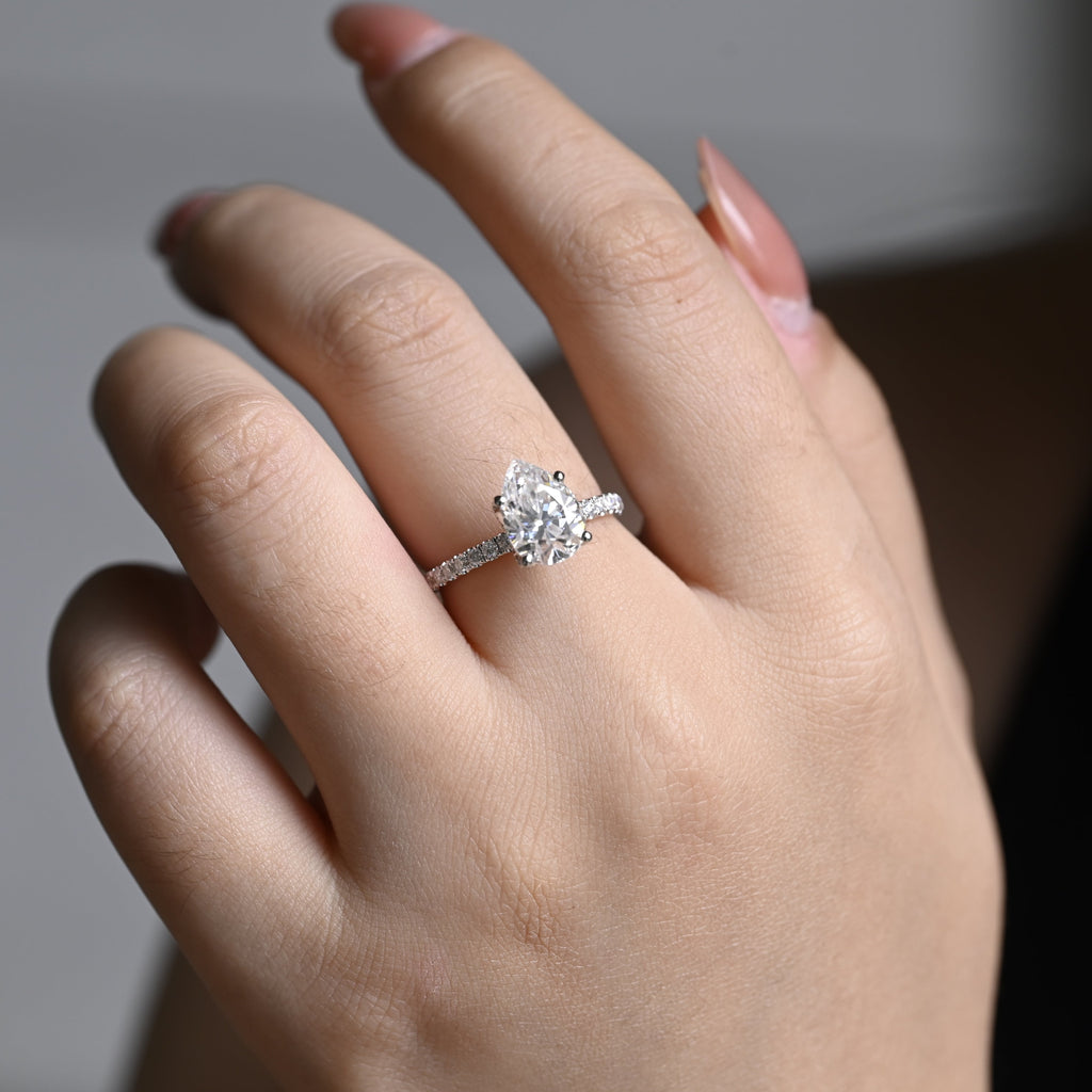 Solid Gold Hidden Halo Pear Cut Moissanite Engagement Ring