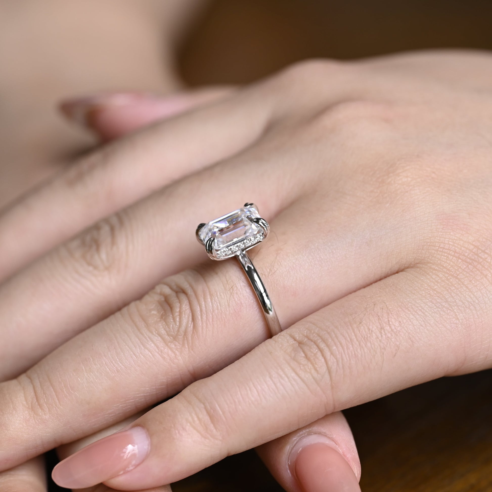 Solid Gold Hidden Halo Emerald Cut Moissanite Engagement Ring