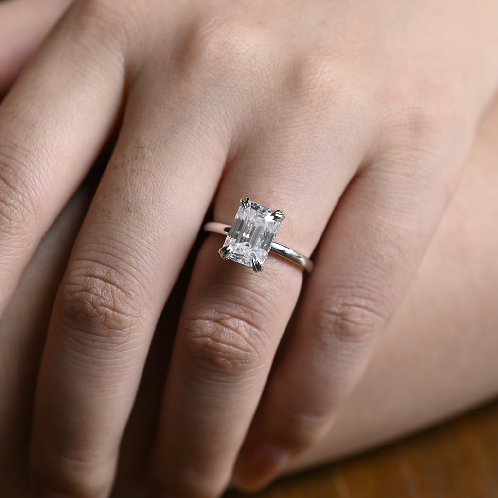 Solid Gold Hidden Halo Emerald Cut Moissanite Engagement Ring